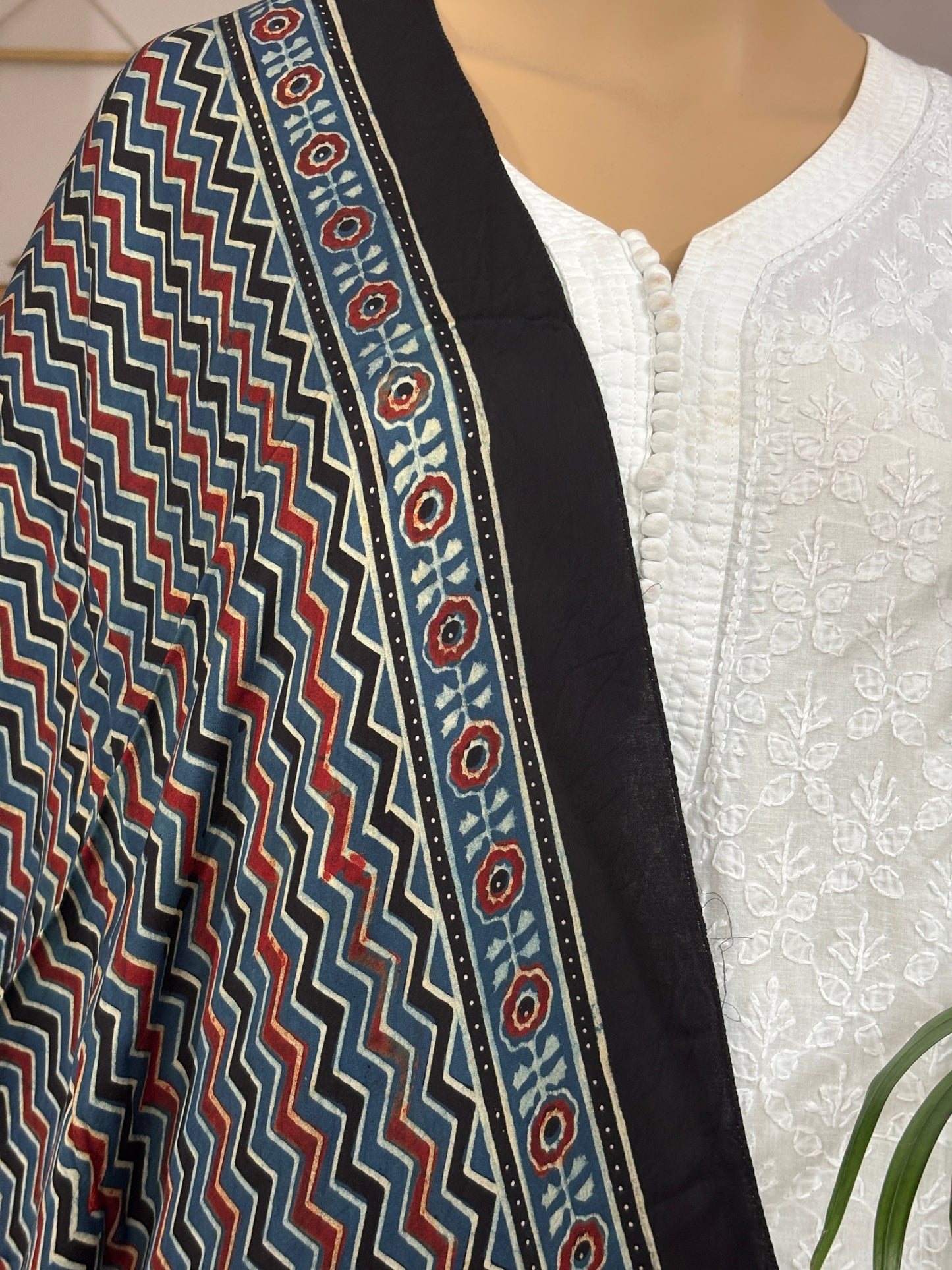 ajrakh black, indigo, red zig zag stole, ajrakh contemporary stole, closer view.