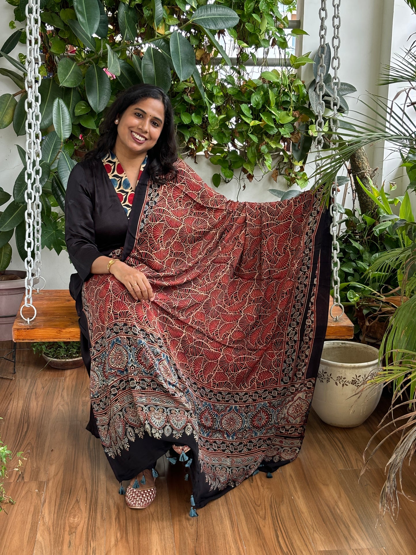 Ajrakh Modal Madder and Black Contemporary Dupatta