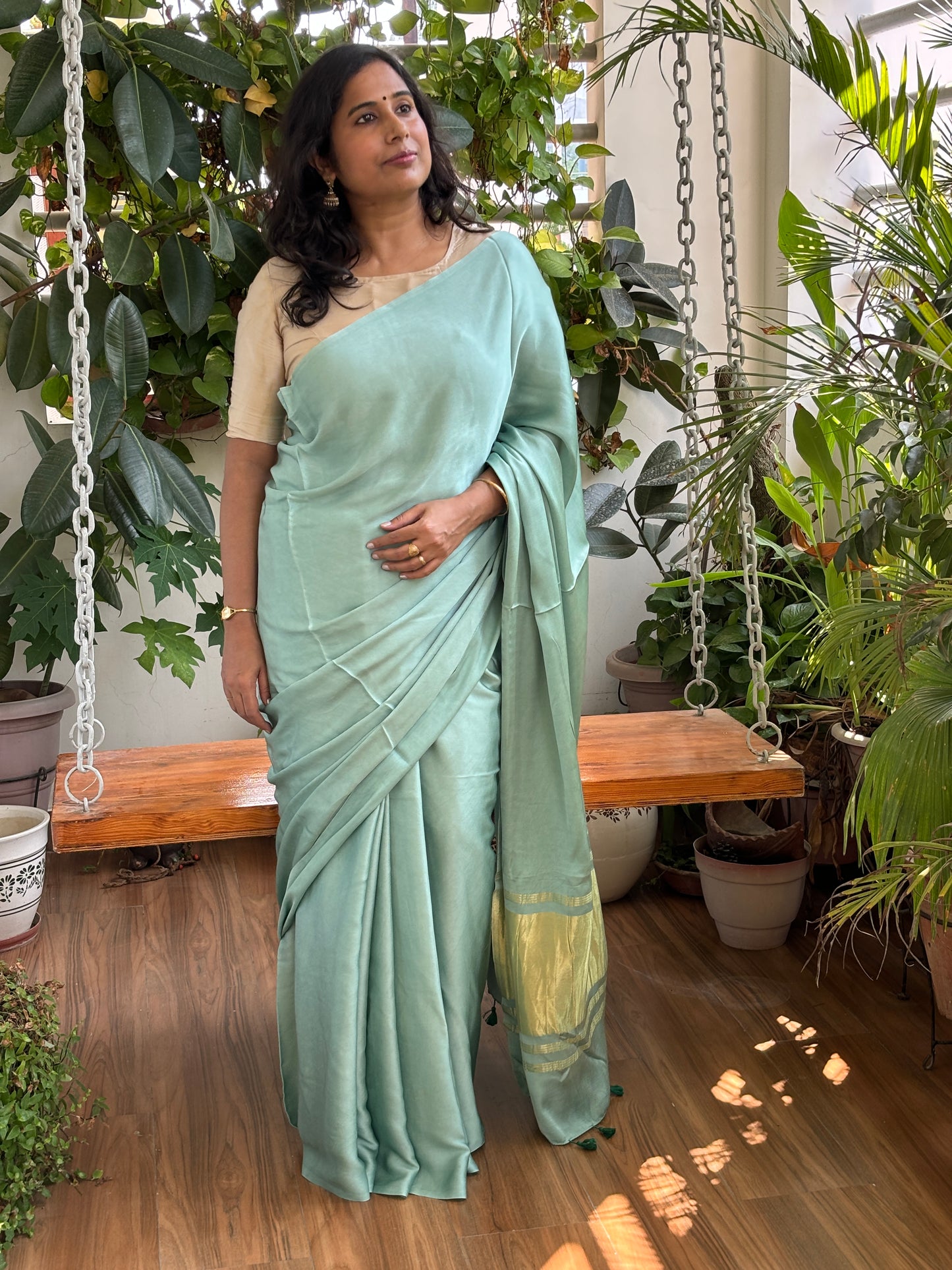 Sea Green Colour Modal Plain Saree With Lagdi Palla
