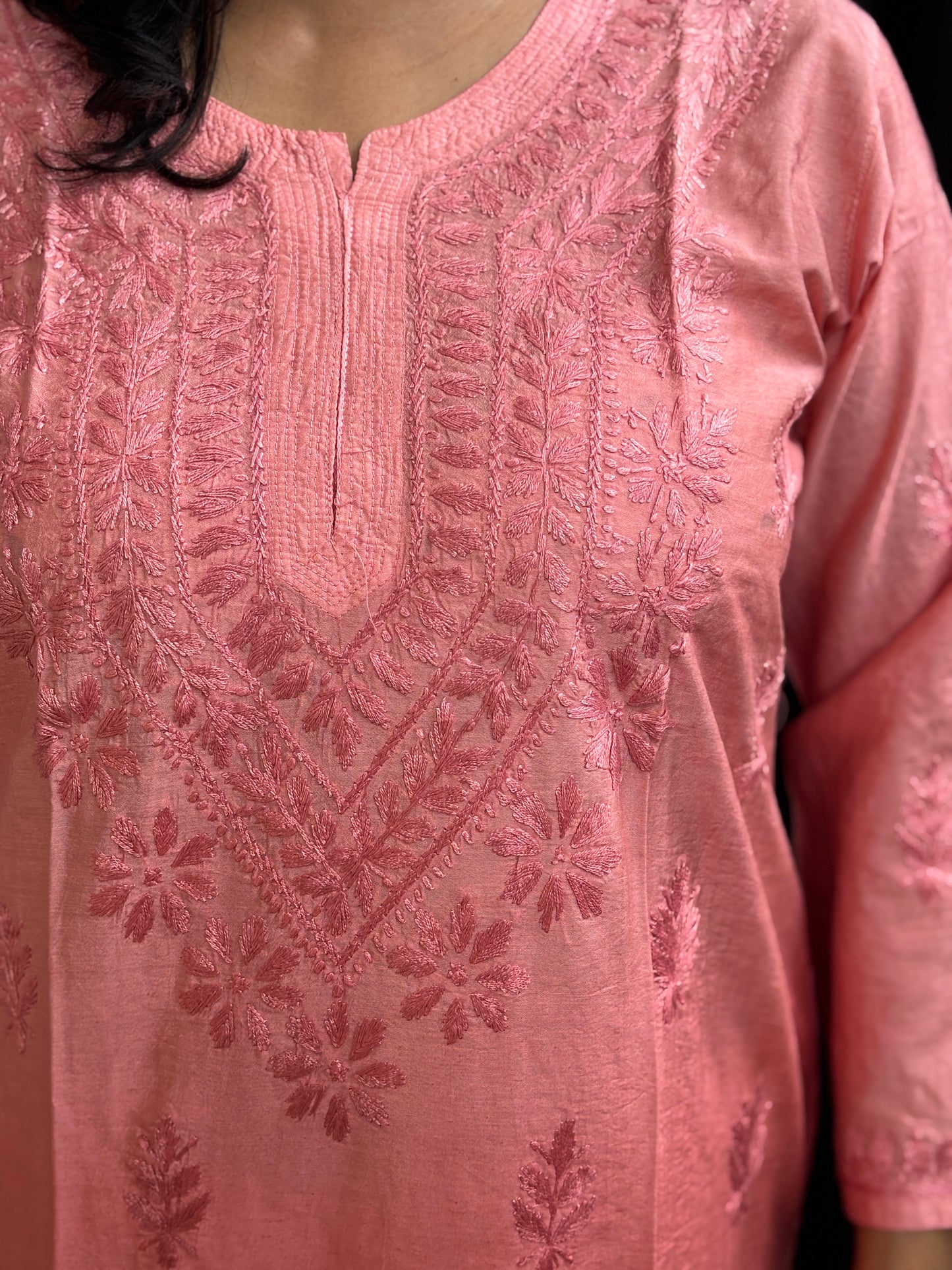 Chanderi Cotton Chikan Hand Embroidered Ombre Dyed Kurti