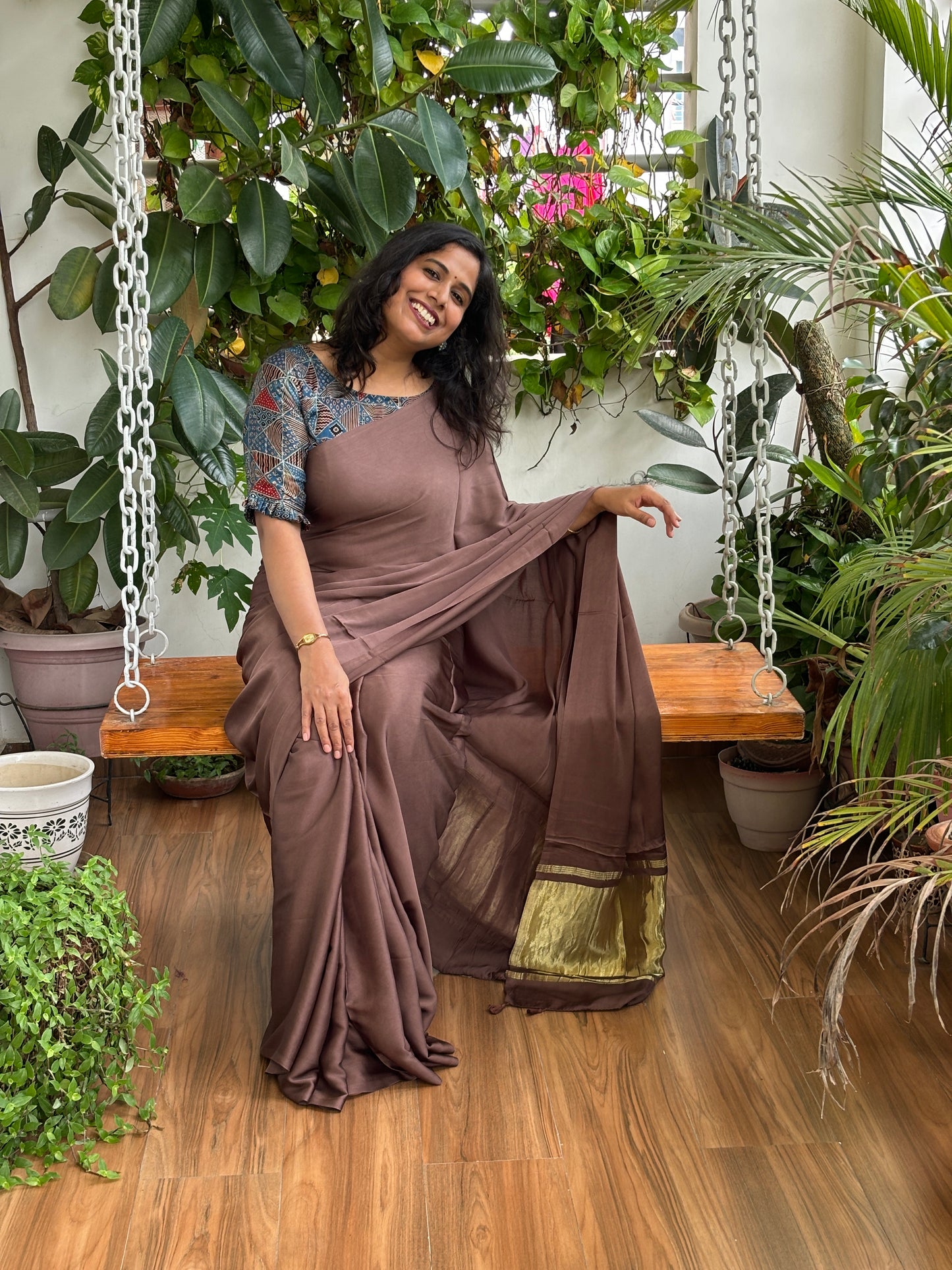 Dark Coffee Brown Colour Modal Plain Saree With Lagdi Palla