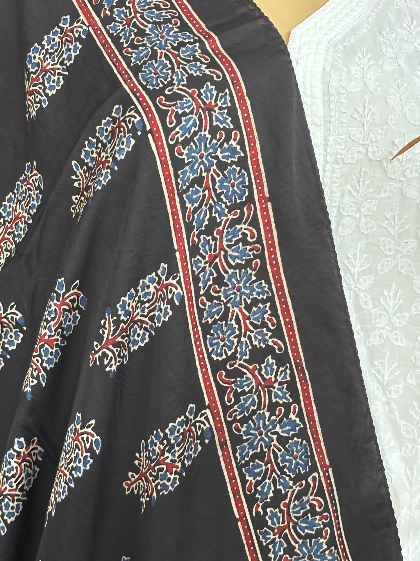 Black Colour Natural Dyed Ajrakh Hand Block Printed Big Buta Modal Stole