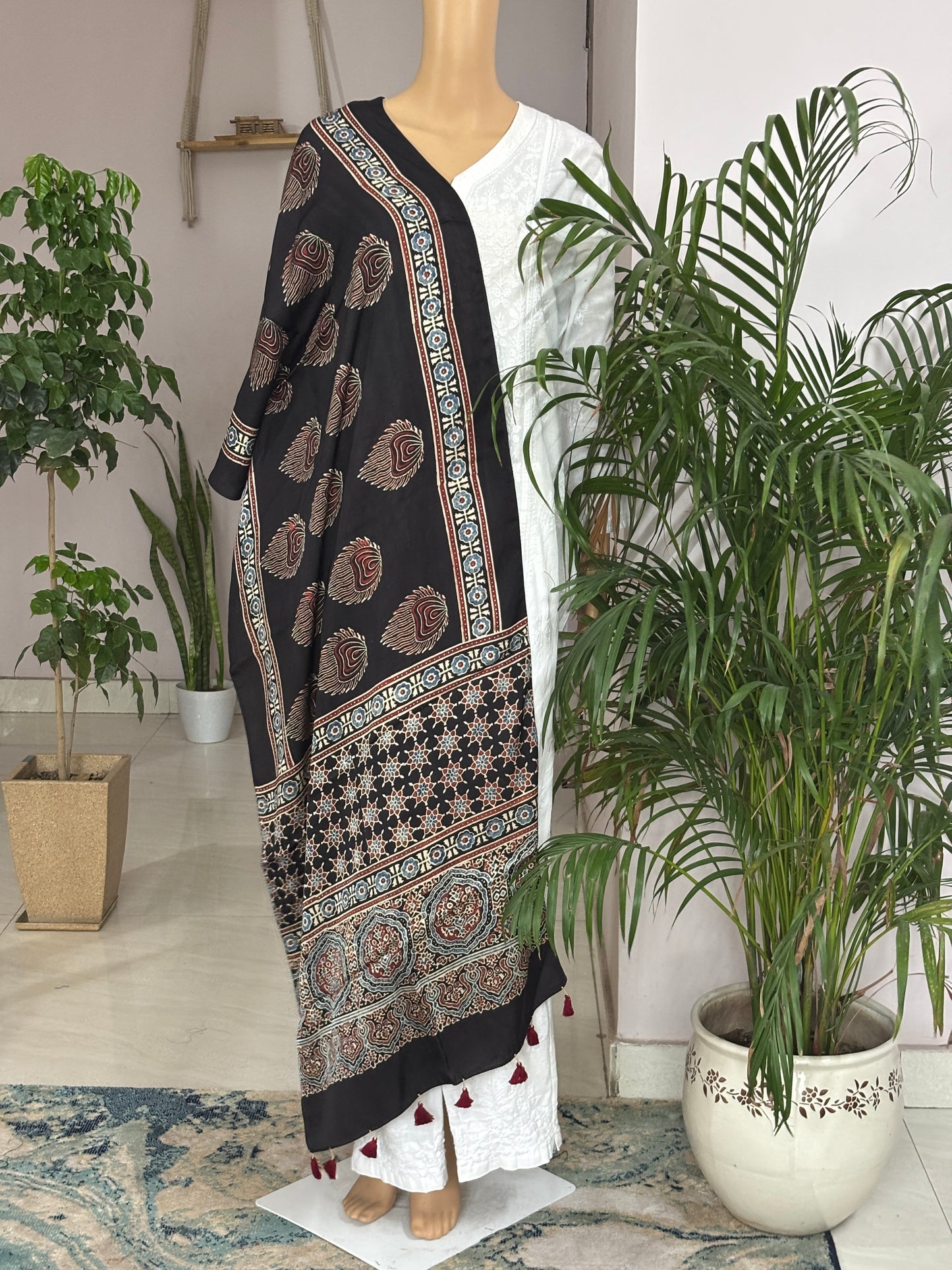 Pankhi Black Natural Dyed Ajrakh Contemporary Modal Stole
