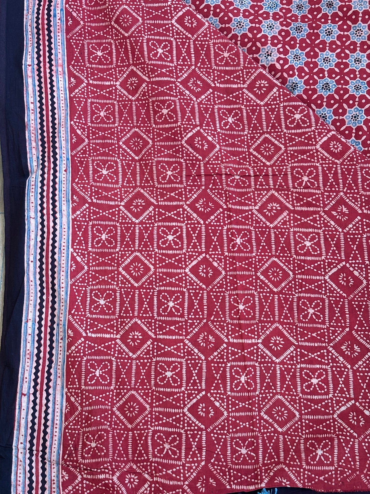 Organic Cotton Ajrakh Hand Block Printed Small Geometrical Motif Saree