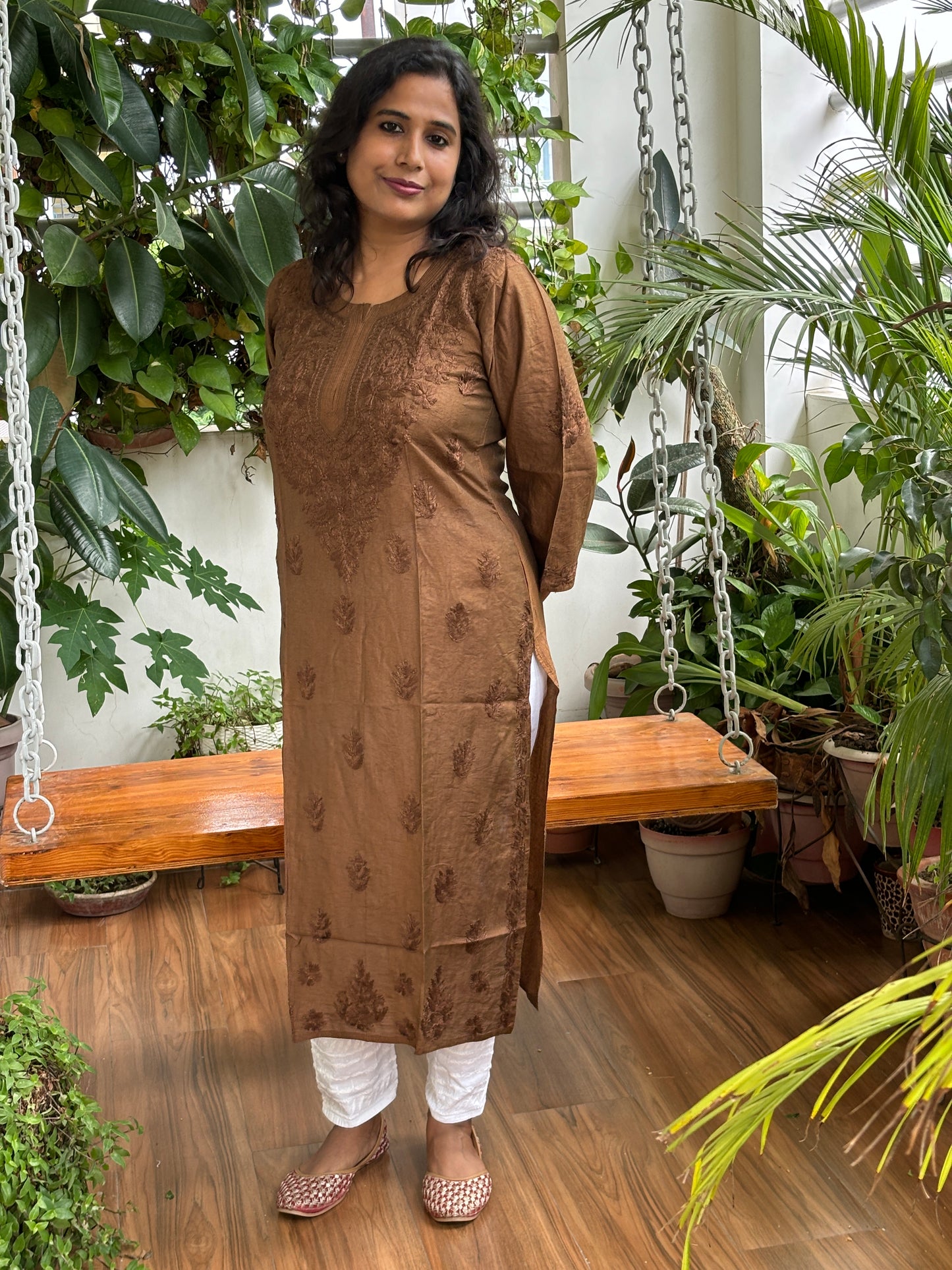 Coke Colour Chanderi Chikan Hand Embroidered Kurti