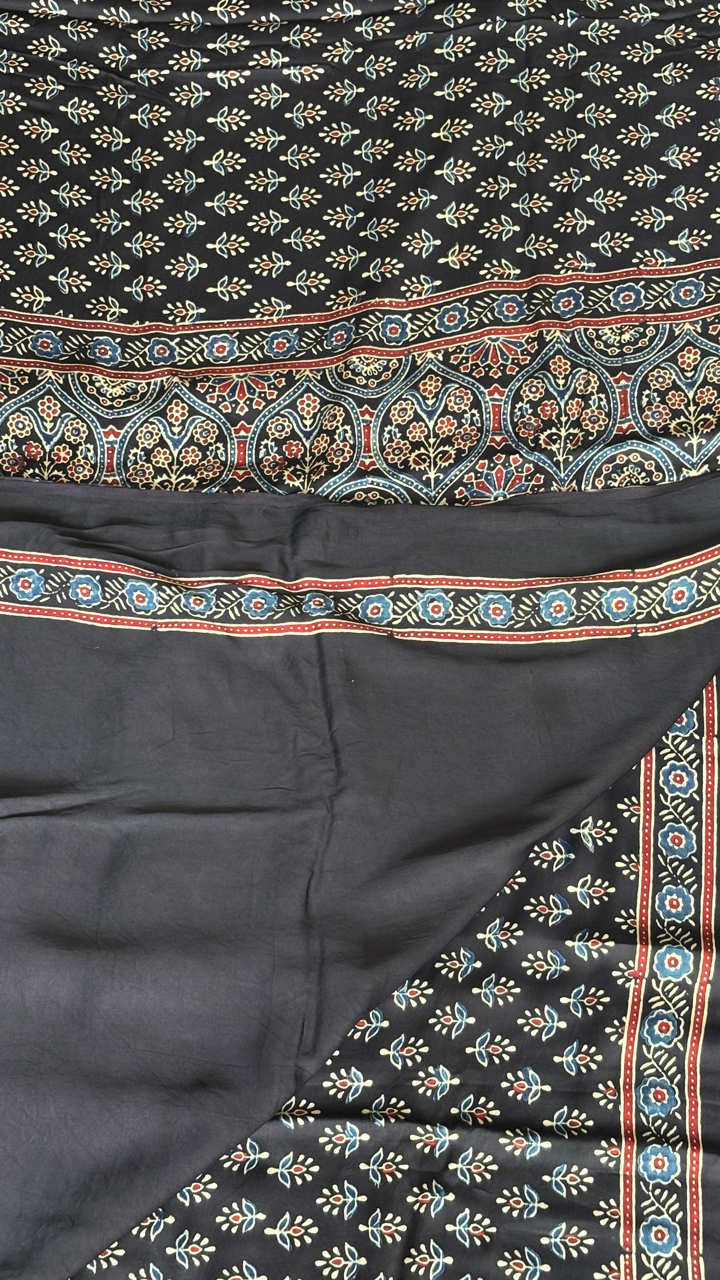 Awanti- Natural Dyed Black Colour Ajrakh Modal Saree with Small Floral Motifs