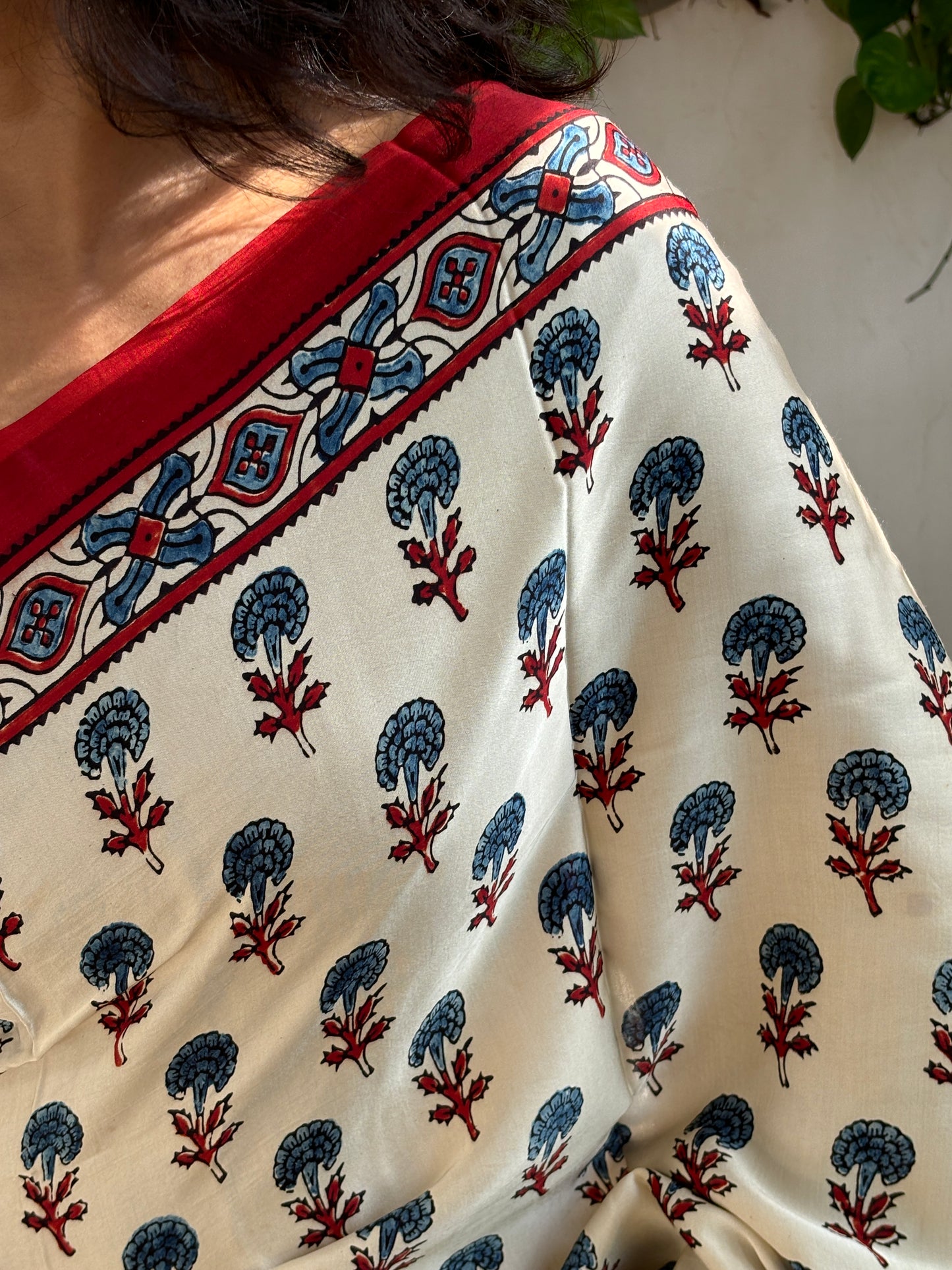 Sada - Natural Dye Pale Ivory Modal Premium Saree With Indigo Marigold