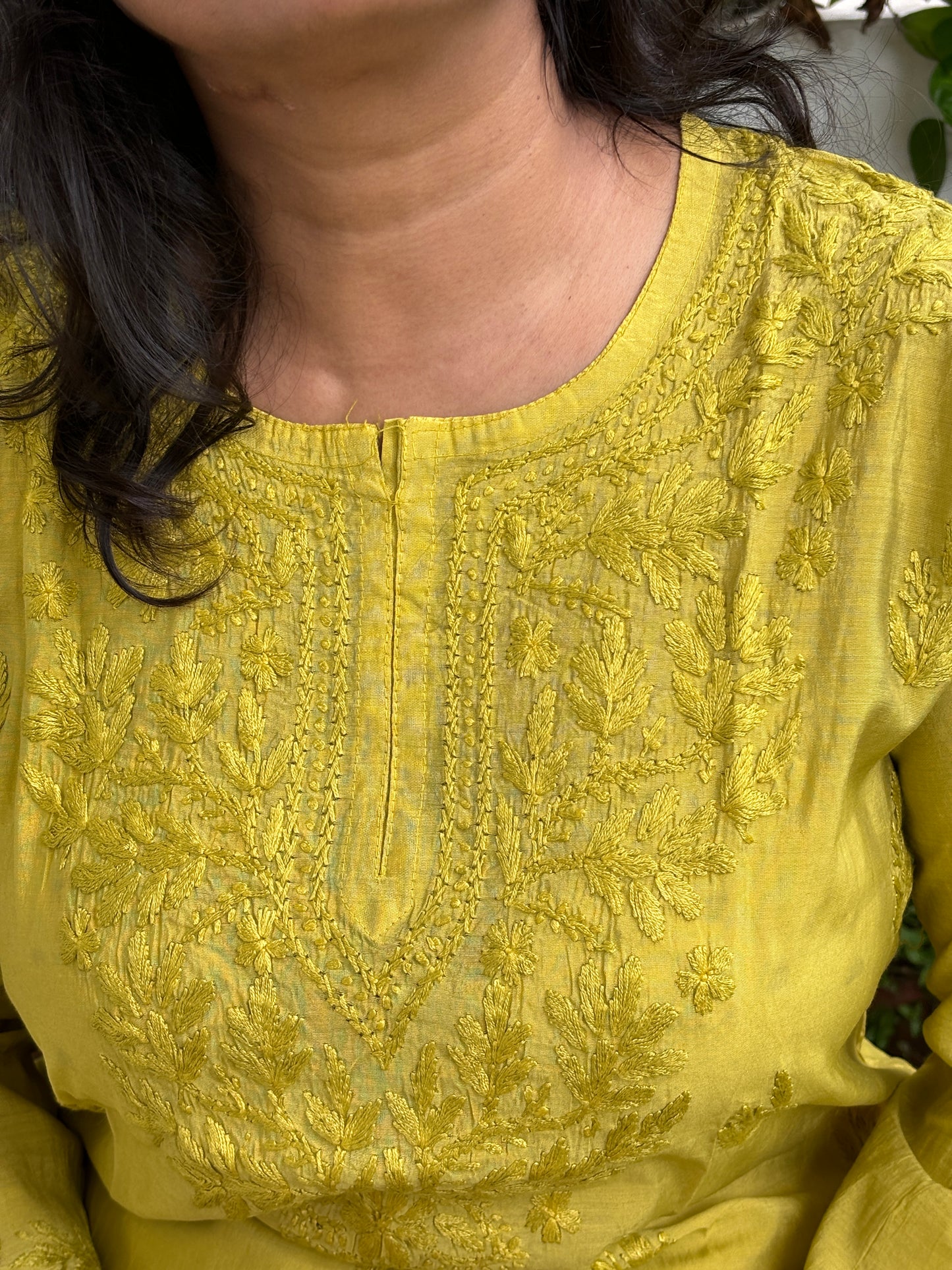 Greenish Yellow Chanderi Chikan Hand Embroidered Kurti