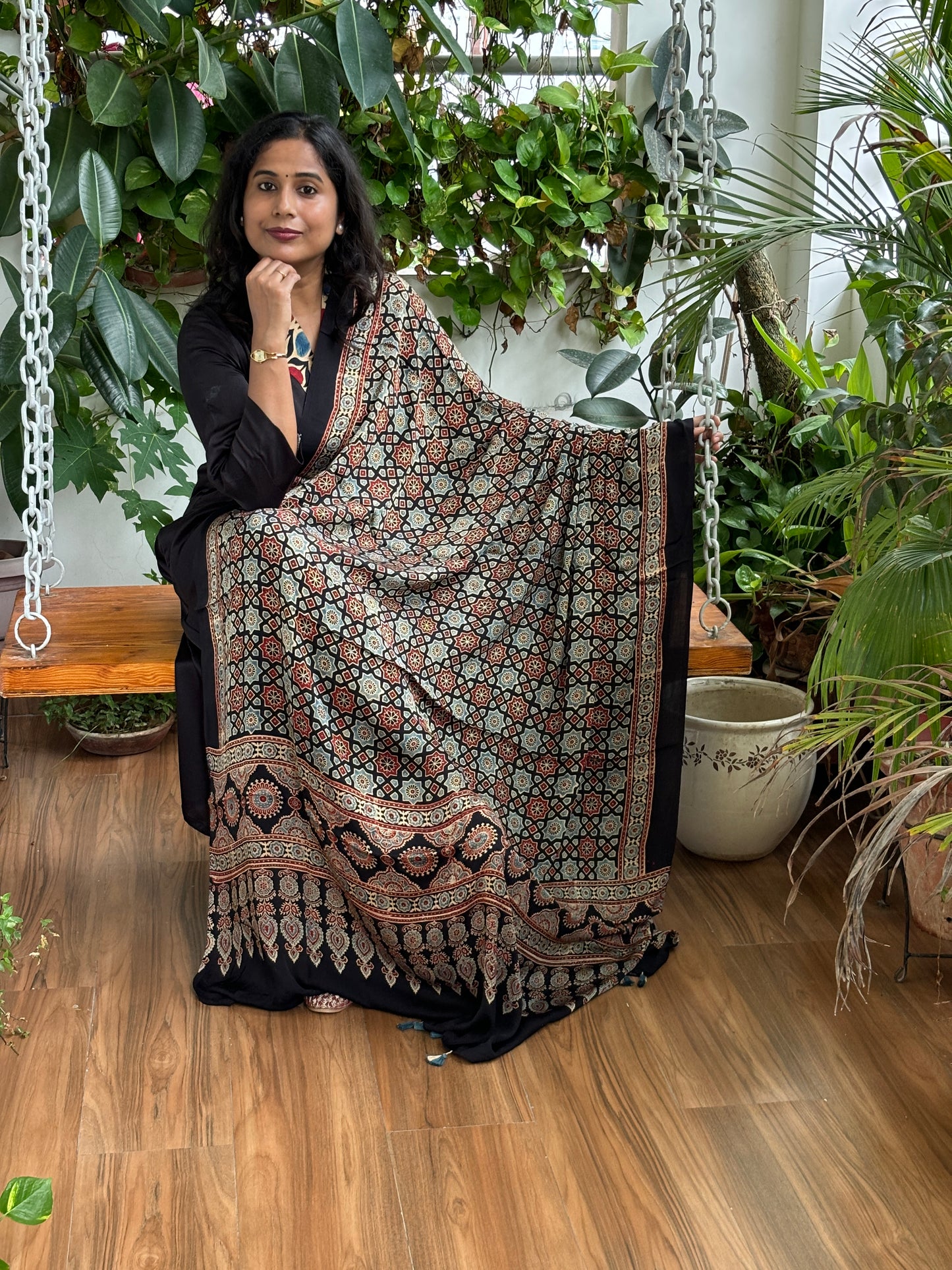 Ajrakh Black Natural Dyed Modal Dupatta With Star Motif
