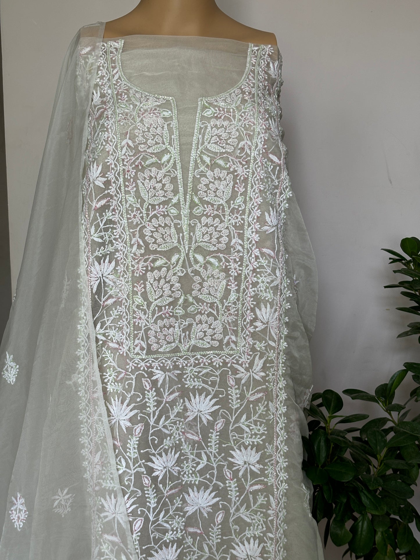 Off White Chikankari Hand Embroidered Shirt with Pearl and Cutdana Work on Organza Fabric