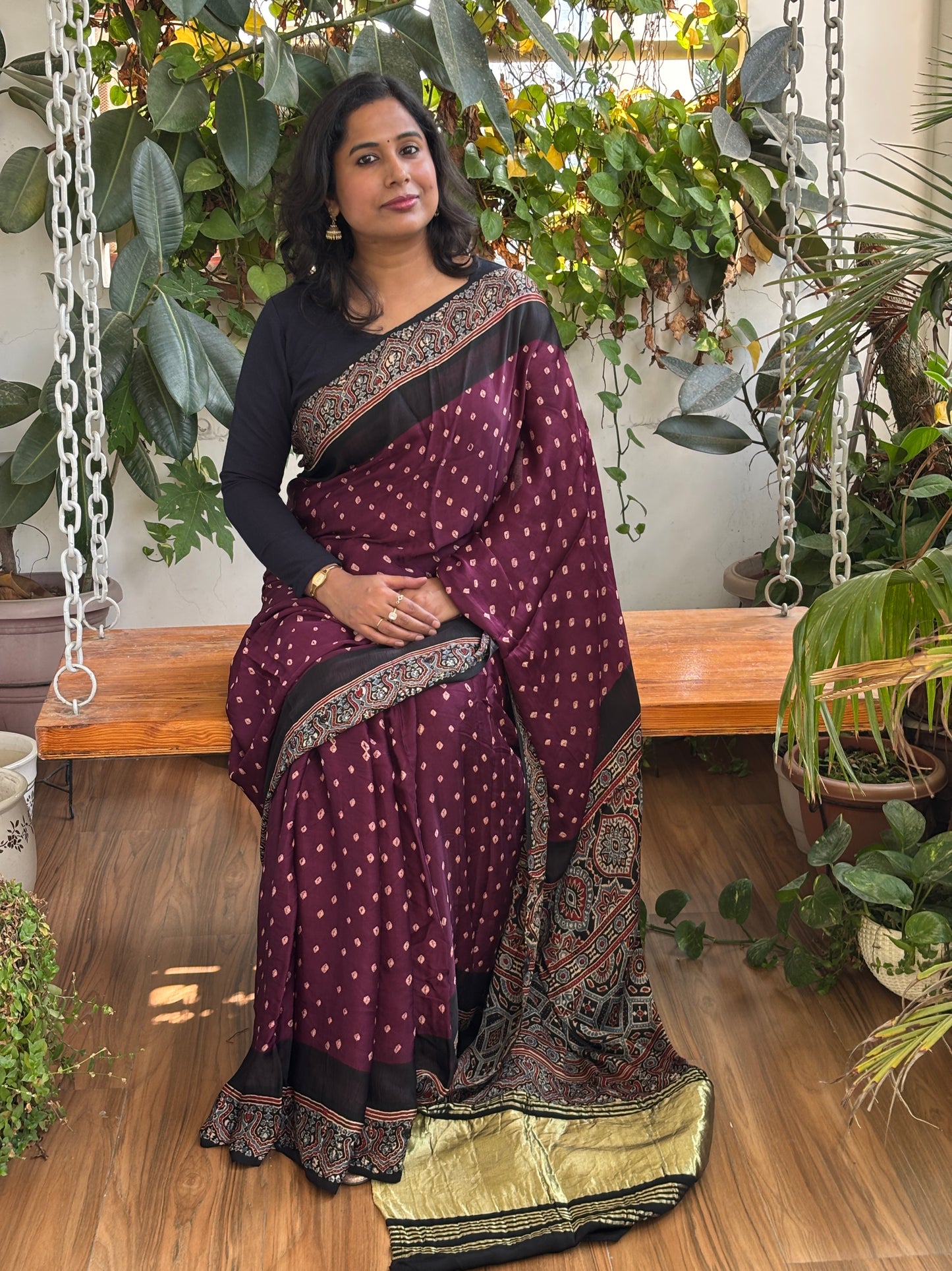 Ankahi - Hand Bandhej Body and Ajrakh Hand Block Anchal and Border Modal Gaji Silk Saree