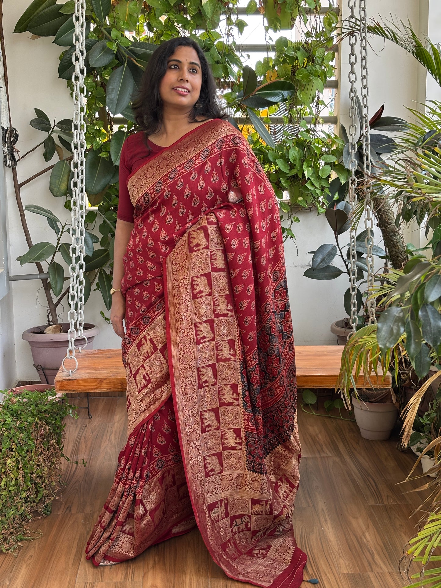 Lal Pankhudi - Madder Colour Natural Dyed Small Floral Motif Ajrakh Hand Block Printed Dola Silk Saree