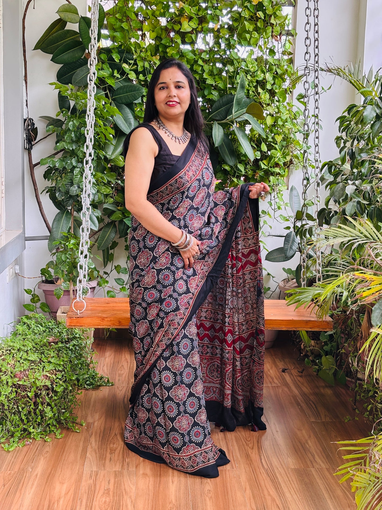 Bahar - Natural Dyed Black Colour Ajrakh Pure Modal Traditional Motif Saree
