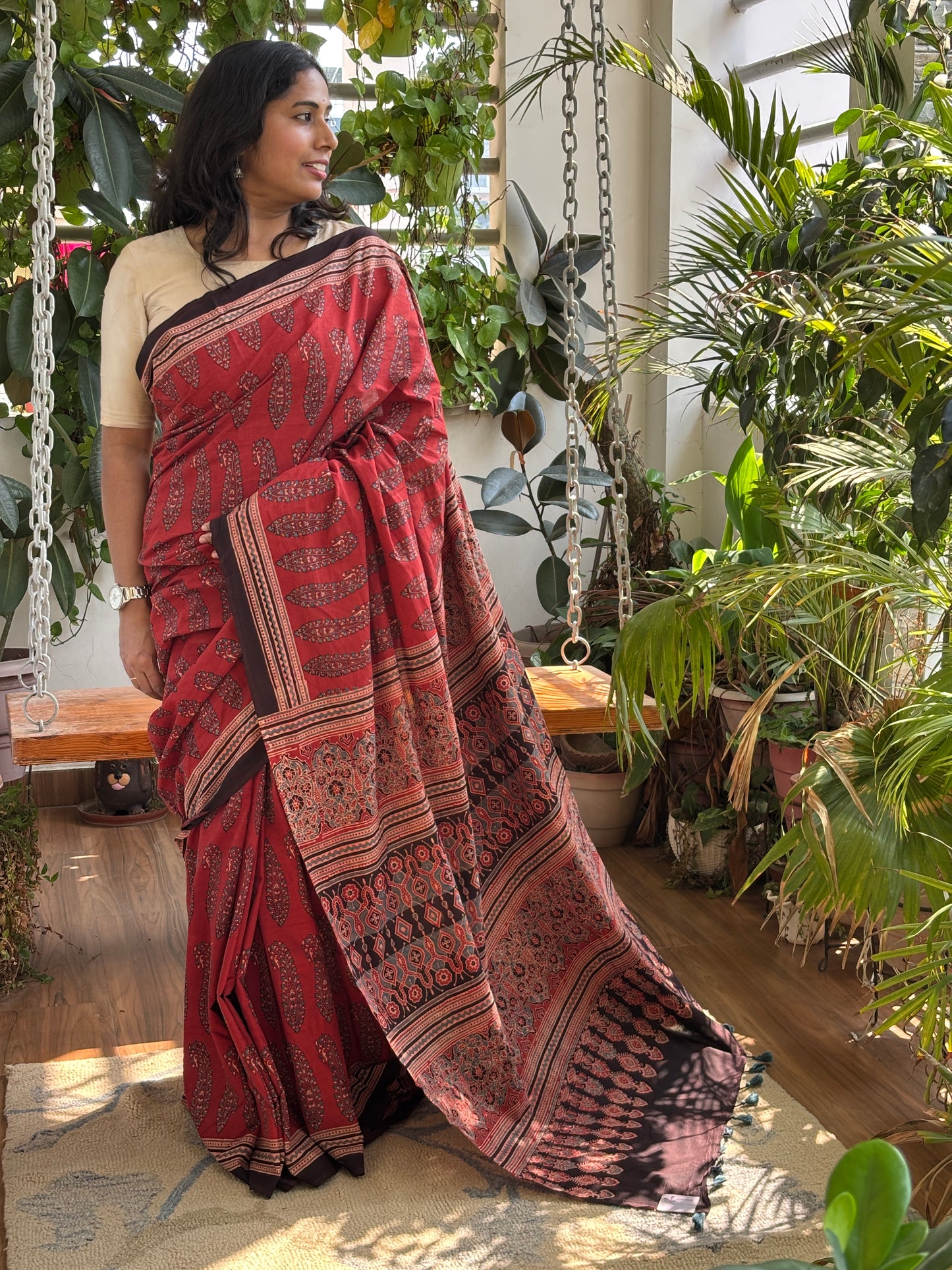 Organic Cotton Ajrakh Hand Block Printed Floral Paisaly Motif