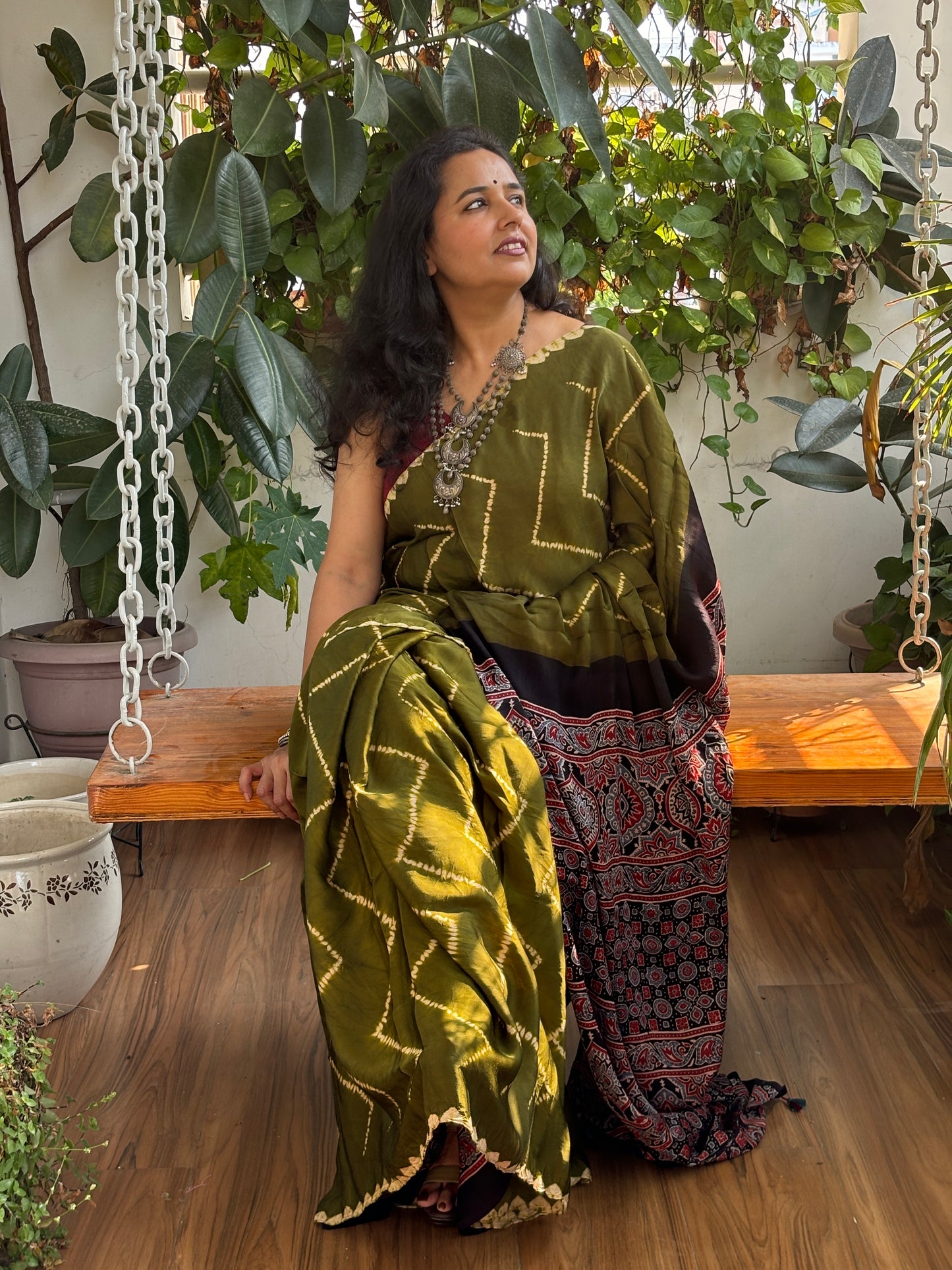 Mehndi Ki Raat - Needle Shibori Tie and Dye Pure Modal Saree With Ajrakh Hand Block Anchal and Blouse