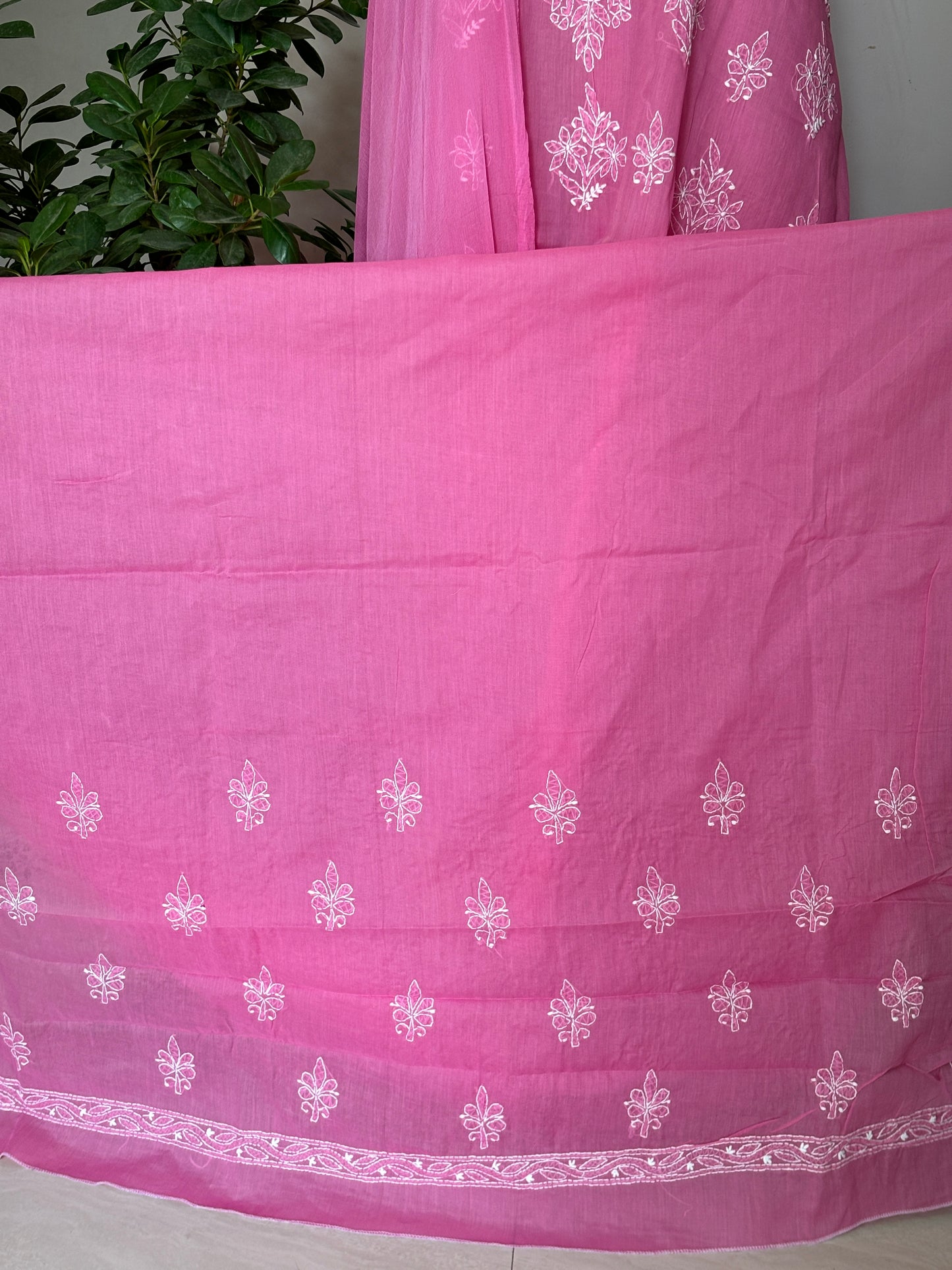 Pink Chikankari Hand Embroidered Shirt and Bottom with Chiffon Dupatta