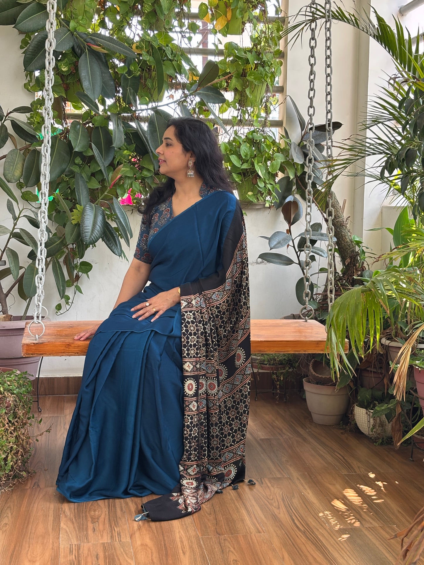 Sindhu - Blue Colur Body and Natural Dyed Ajrakh Anchal Premium Modal Saree