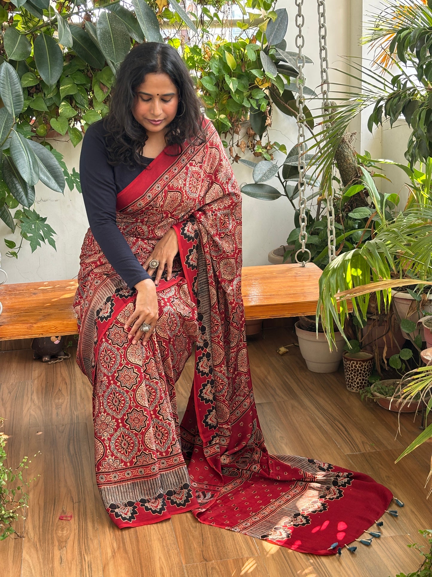 Evergreen Charming Red - Natural Dyed Madder Colour Traditional Motif with Contemporary Anchal Modal Saree