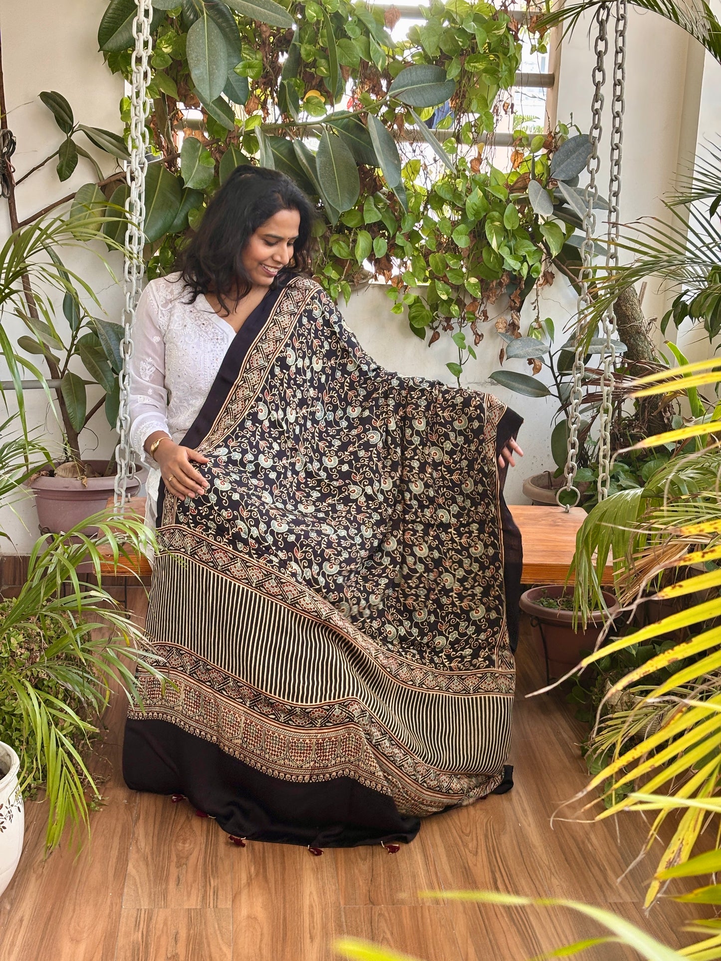Ajrakh Hand Block Printed Black Colour Floral Jaal Motif Dupatta