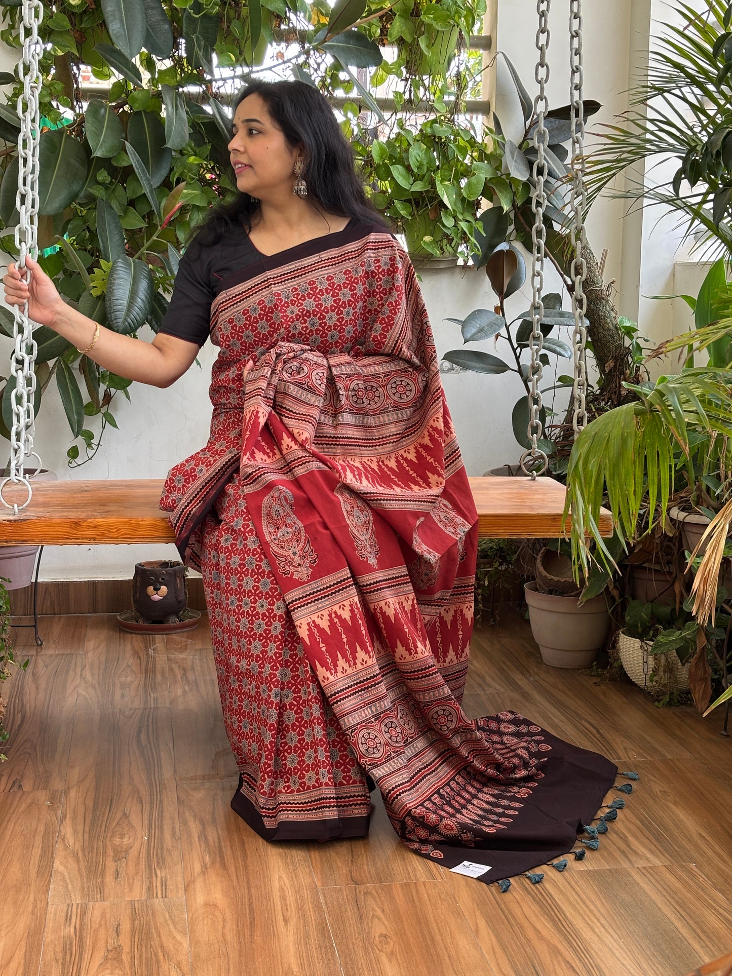 Organic Cotton Ajrakh Hand Block Printed Small Geometrical Motif Saree