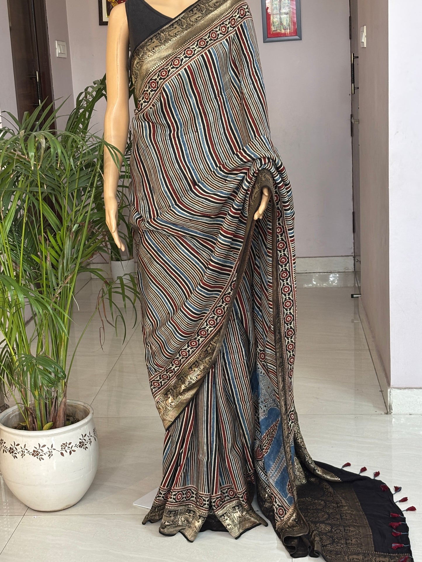Black, Indigo and Madder Colour Stripe Ajrakh Saree In Dola Silk
