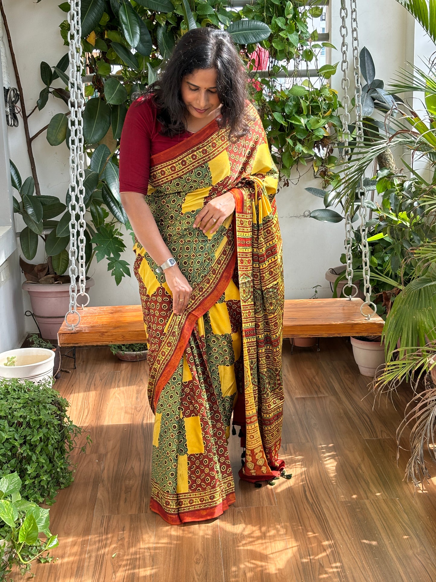 Rangilo Maro - Natural Dye Yellow and Green Modal Premium Saree Contemporary Motif