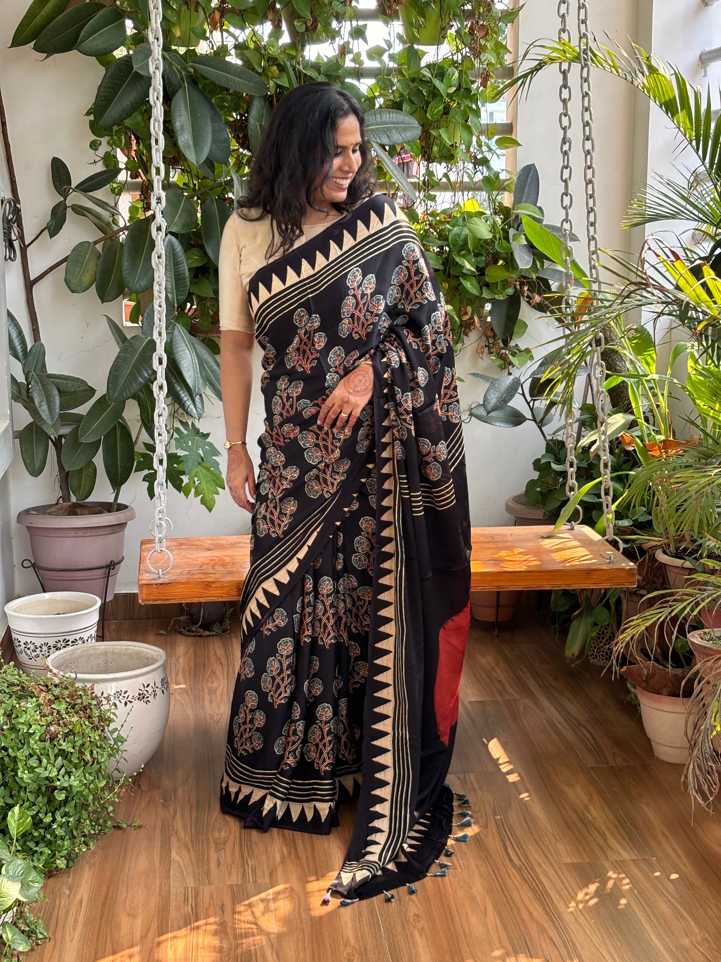 Blossom- Natural Dyed Black Floral Stalk Saree with Contemporary Anchal
