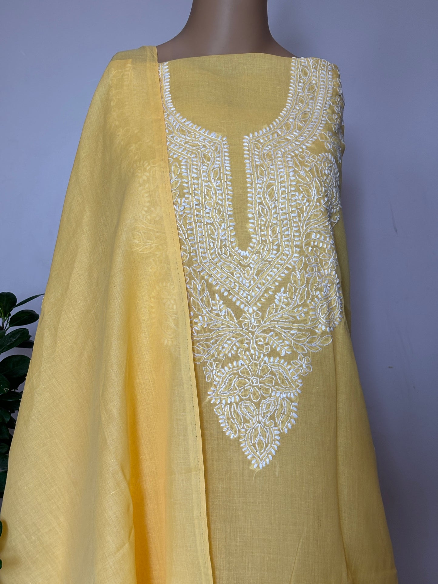 Yellow Chikankari Hand Embroidered Shirt, Bottom and Dupatta Fabric in Cotton