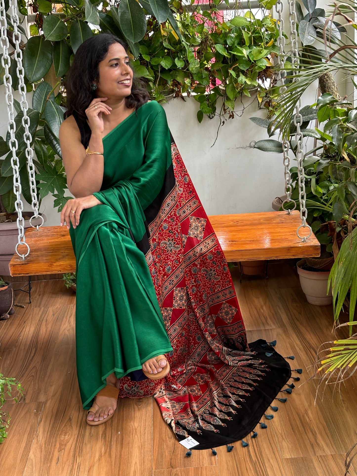 Foliage Affairs - Green Solid Colur Body With Natural Dyed Red Ajrakh Anchal and Blouse