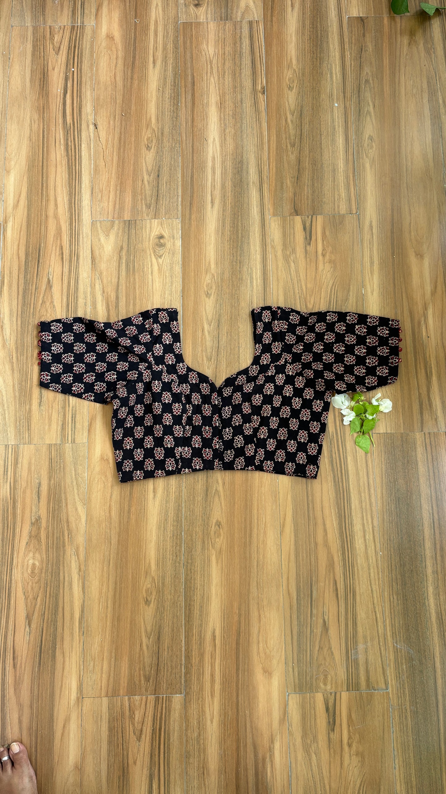 Black Small Floral Motif Cotton Sweetheart Neck Blouse With Cotton Lining -For size chart refer to the last picture