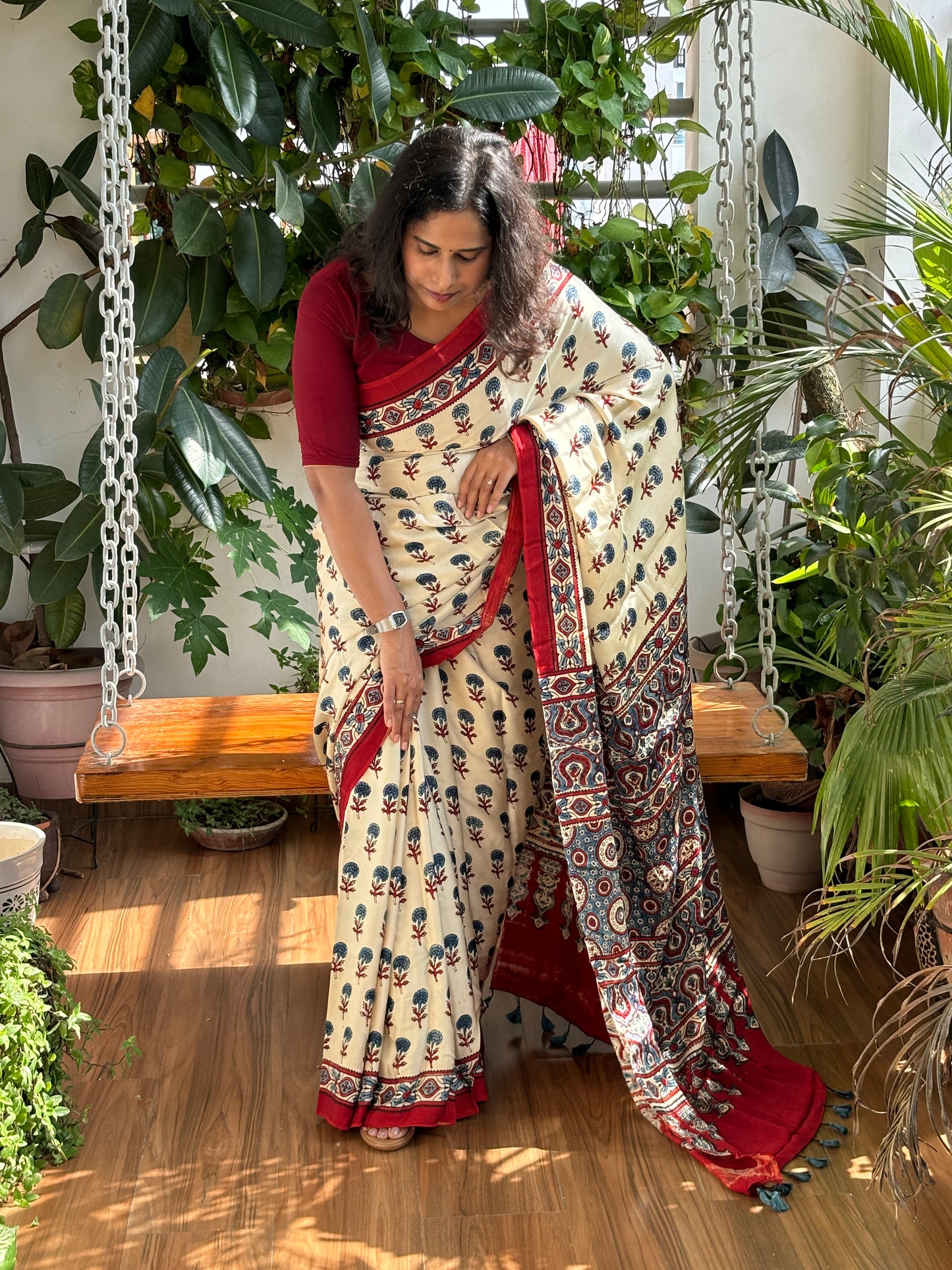 Sada - Natural Dye Pale Ivory Modal Premium Saree With Indigo Marigold