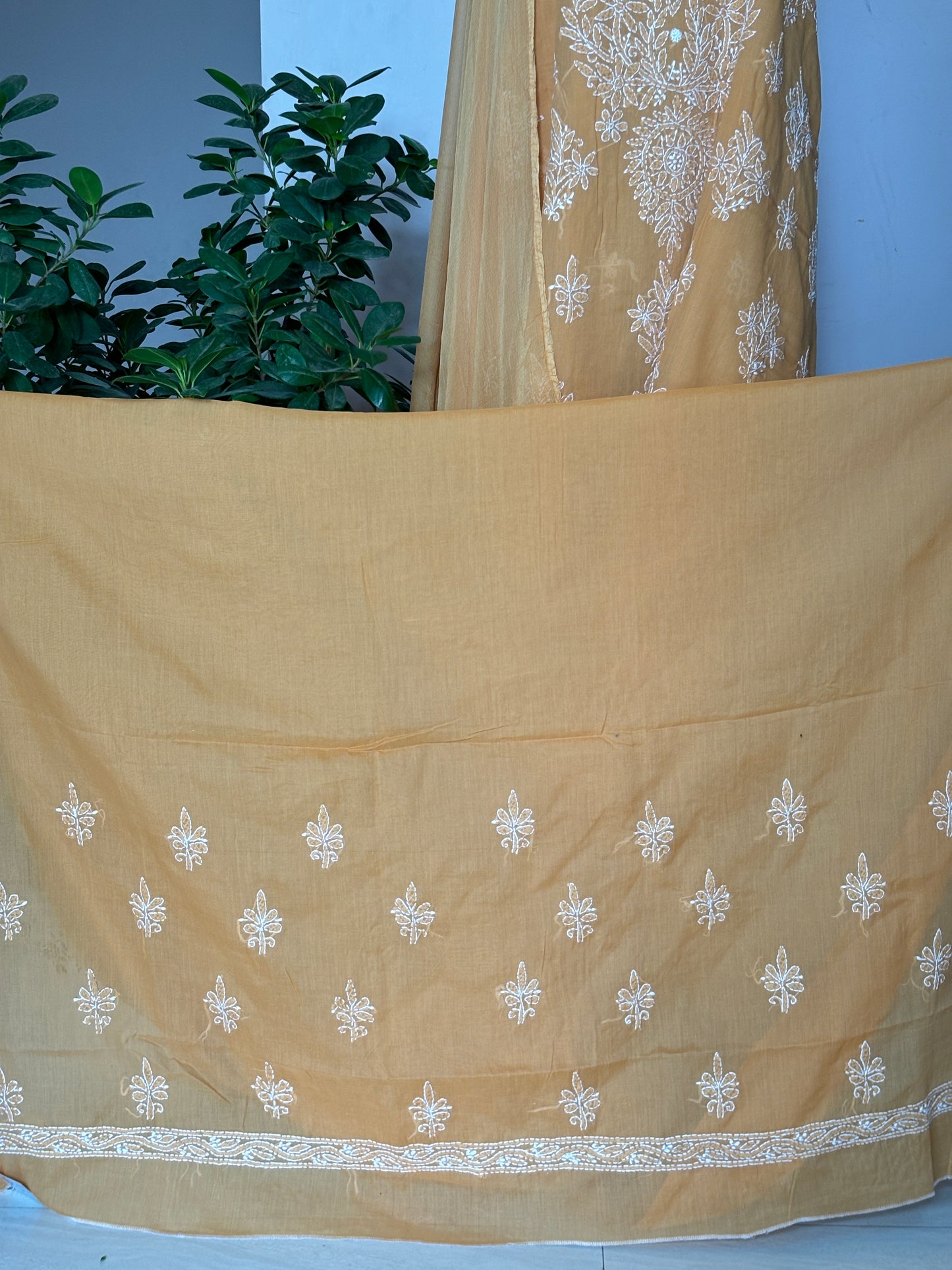 Light Orange Chikankari Hand Embroidered Shirt and Bottom with Chiffon Dupatta