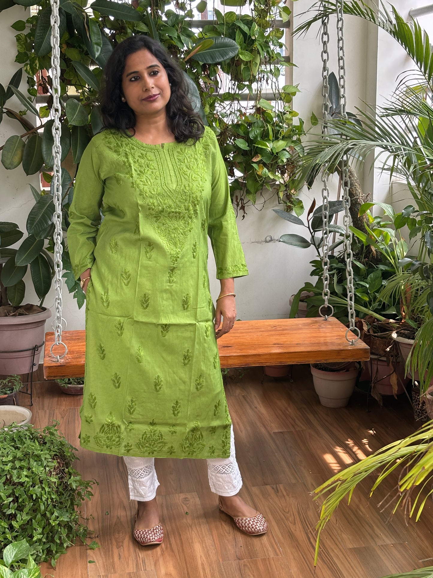 Green Chanderi Chikan Hand Embroidered Kurti