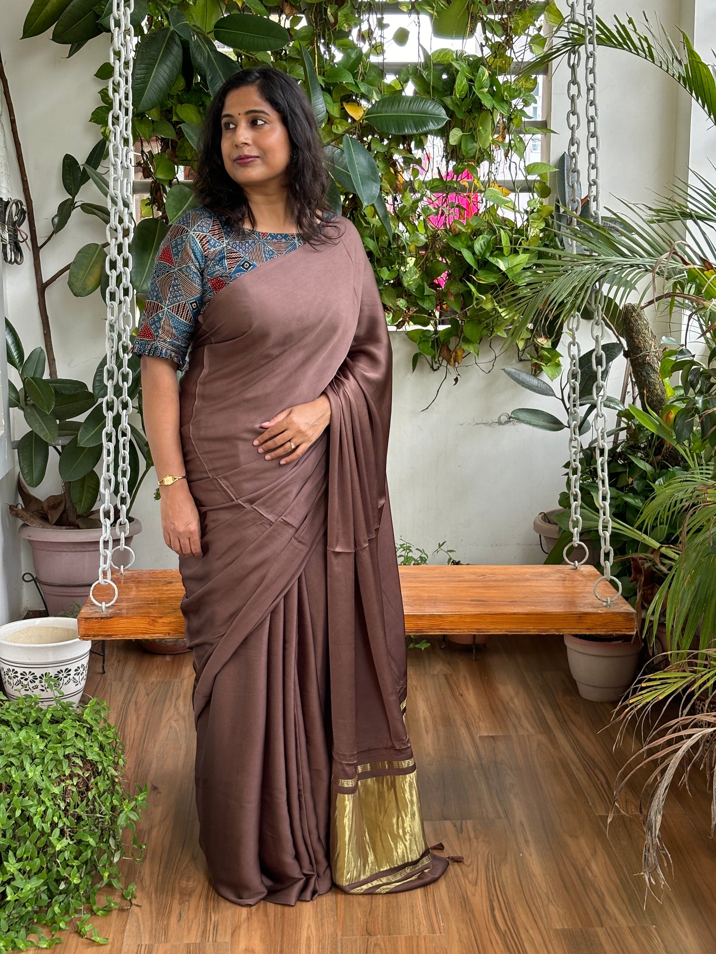 Dark Coffee Brown Colour Modal Plain Saree With Lagdi Palla
