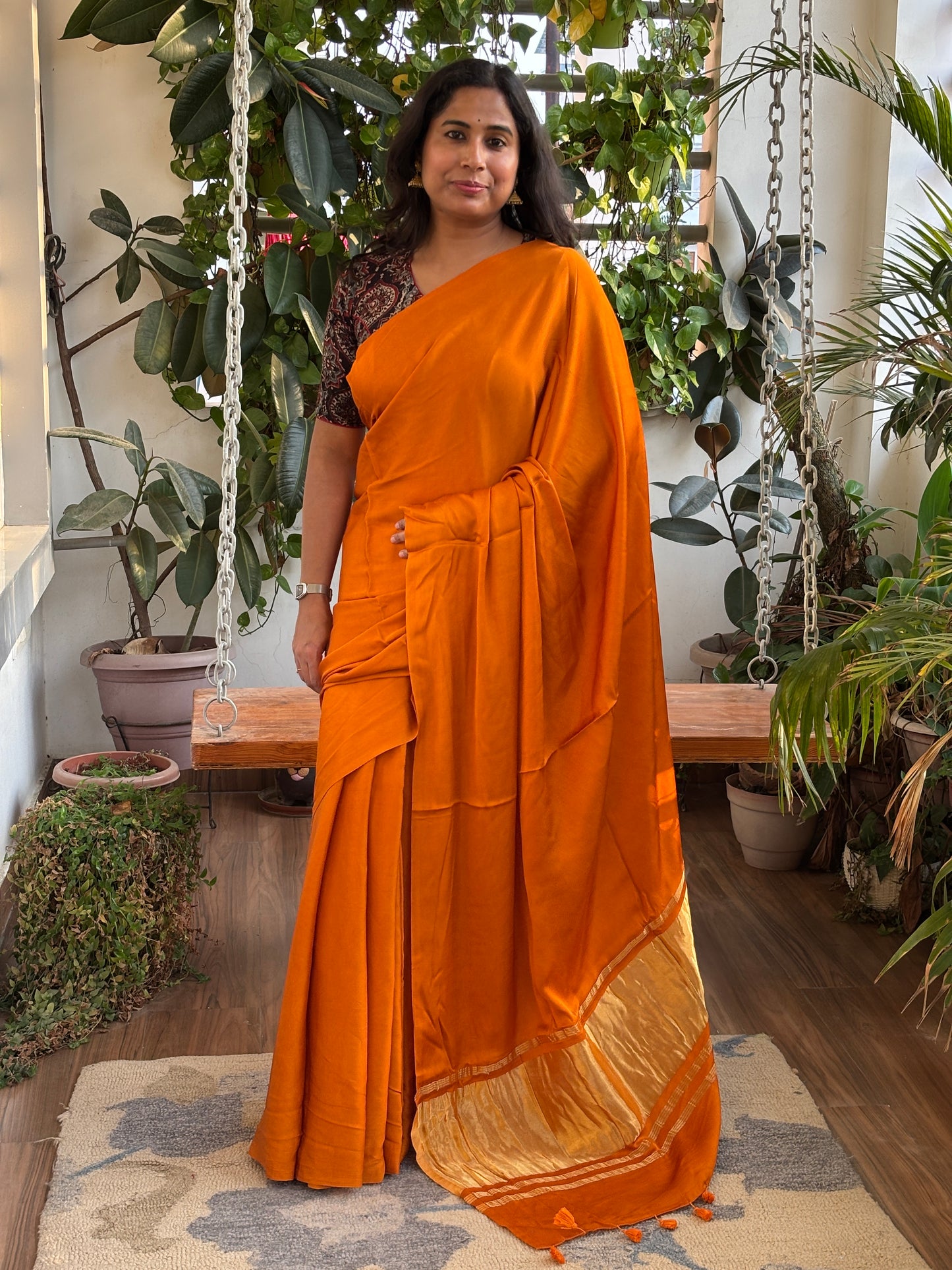 Rust Orange Colour Modal Plain Saree With Lagdi Palla