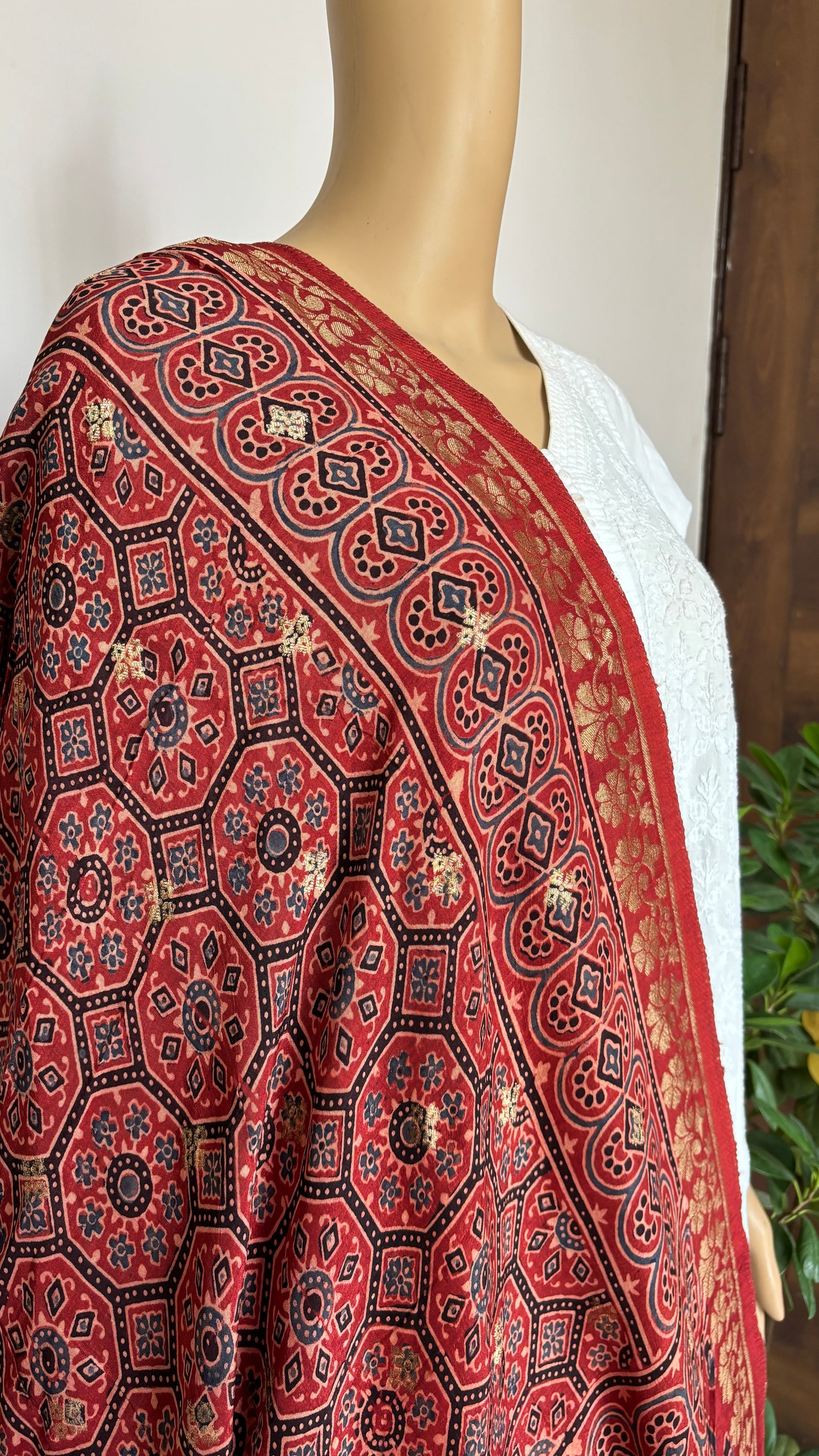 Natural Dyed Madder Colour - Hand Block Ajrakh Dola Silk Dupatta With Zari Weaved Border-1