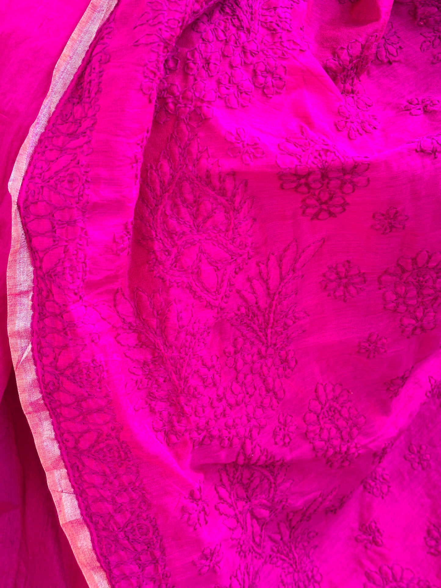 Magenta Colour Chrushed Candri Cotton Chikankari Hand Embroidered Saree
