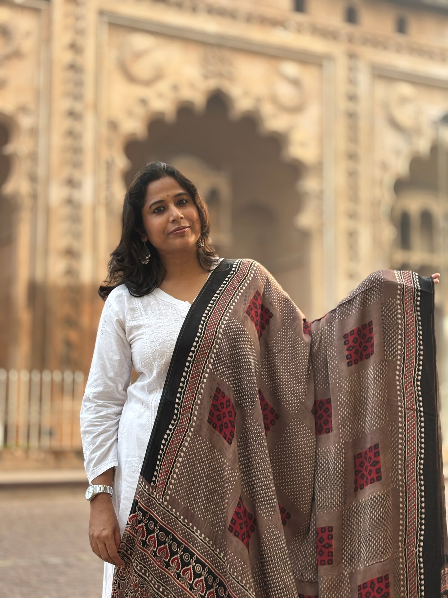 (Kakish)Colour Dupatta With Contemporari Motif,ajrakh modal box dupatta,front view.