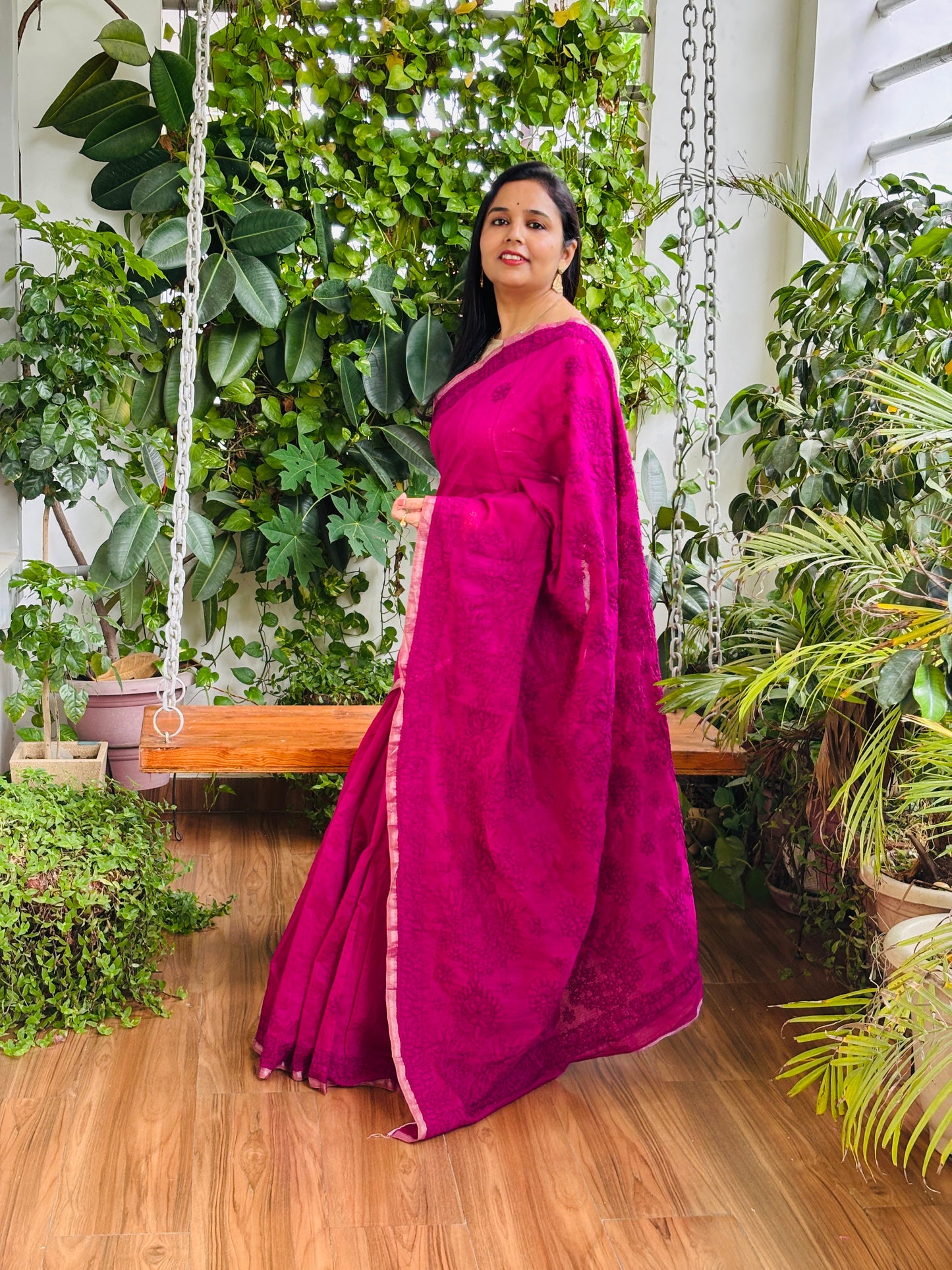 Magenta Colour Chrushed Candri Cotton Chikankari Hand Embroidered Saree