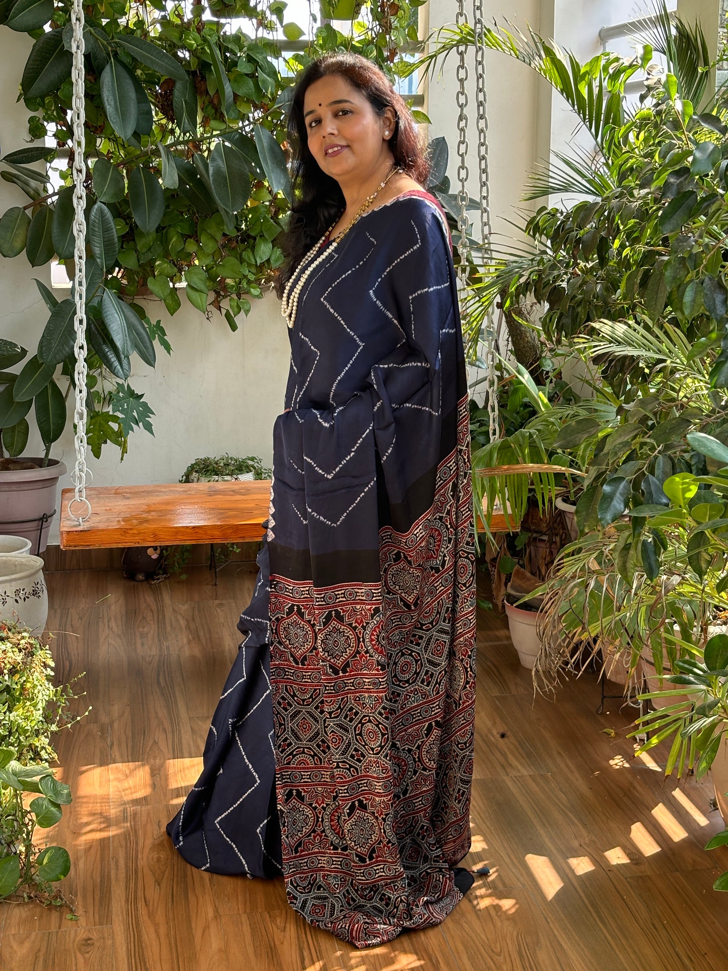 Navy Blue Love - Needle Shibori Tie and Dye Pure Modal Saree With Ajrakh Hand Block Anchal and Blouse