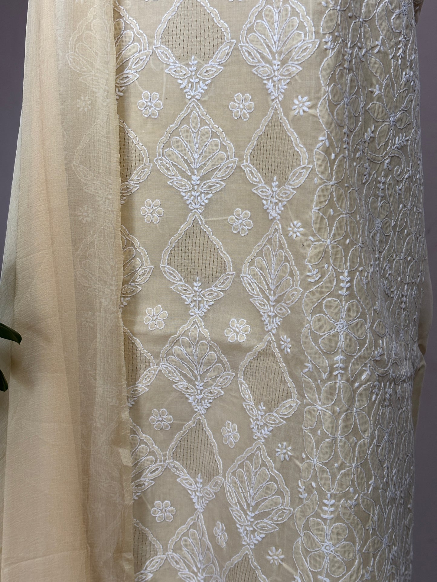 Beige Colour Chikankari Hand Embroidered Cotton Shirt, Bottom and Chiffon Dupatta