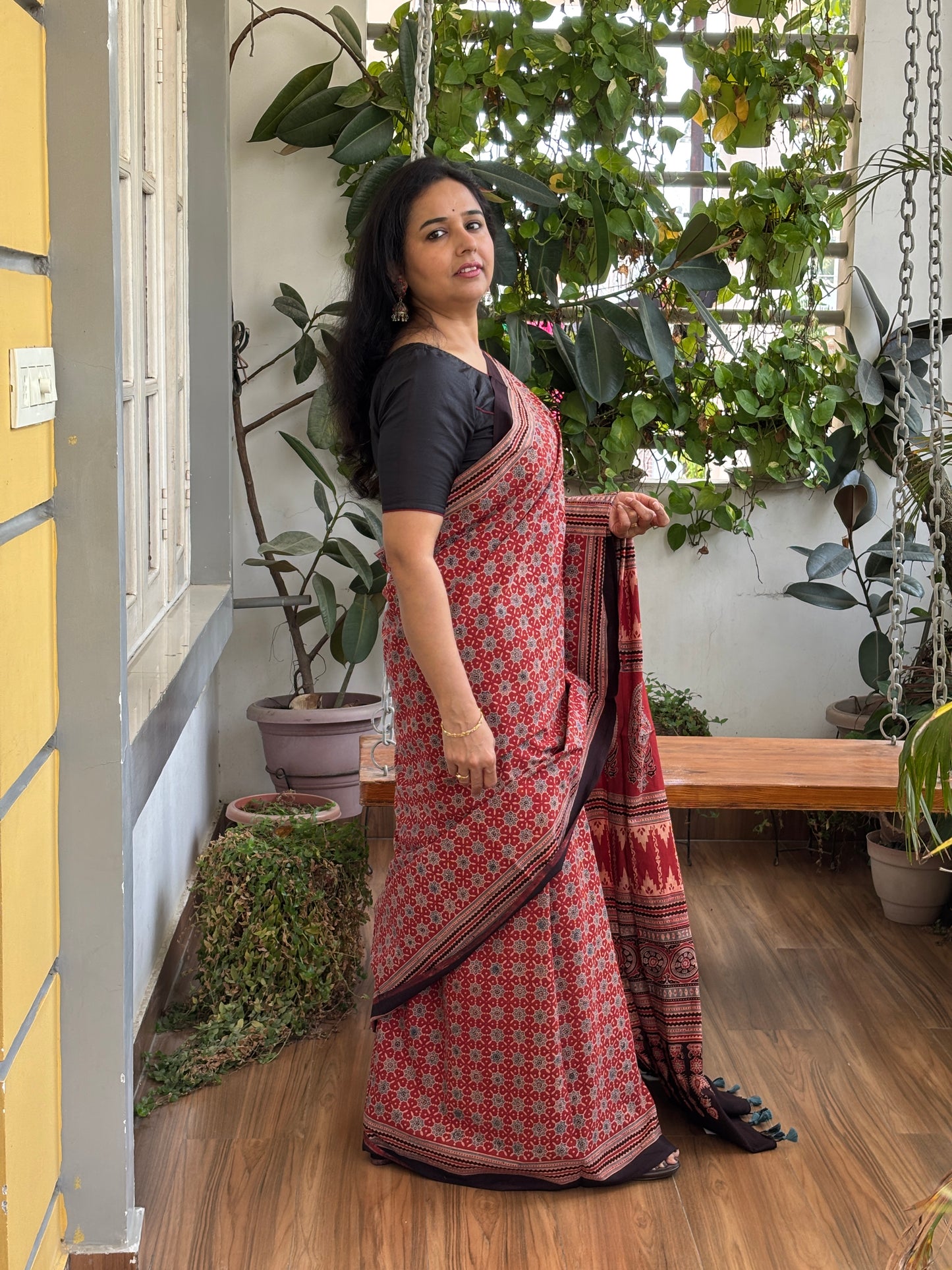 Organic Cotton Ajrakh Hand Block Printed Small Geometrical Motif Saree