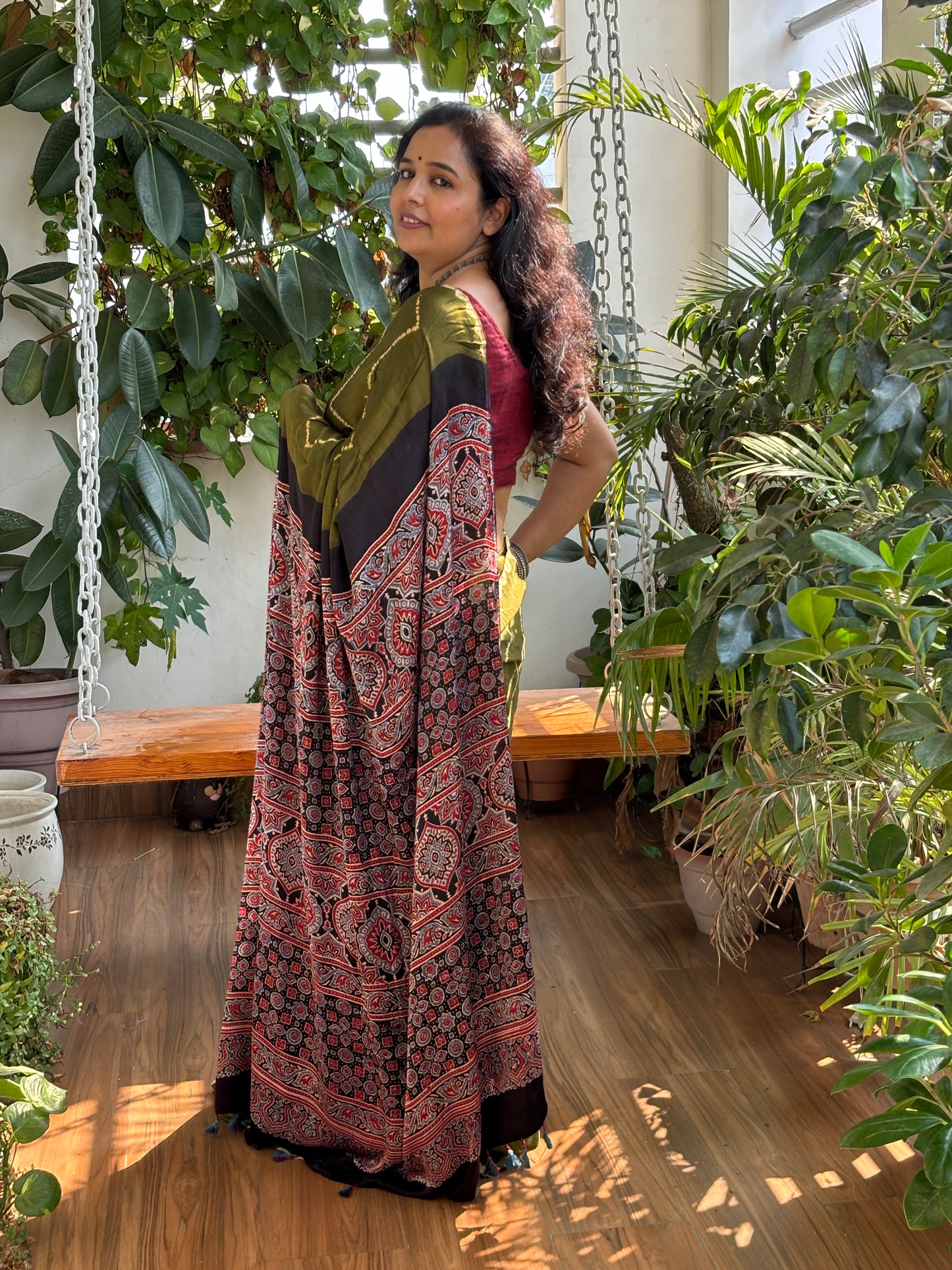 Mehndi Ki Raat - Needle Shibori Tie and Dye Pure Modal Saree With Ajrakh Hand Block Anchal and Blouse