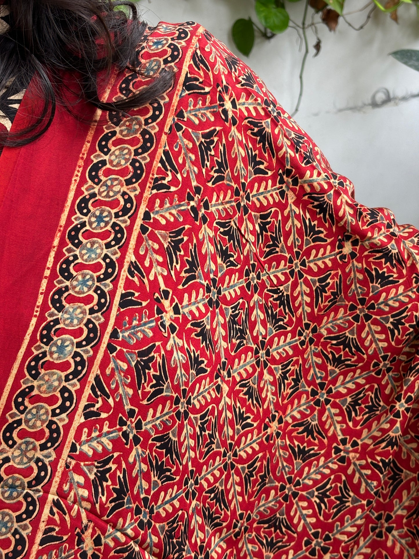 Ajrakh Modal Madder Dupatta- Natural Dyed Hand-block Printed Square Jaal Motif Dupatta