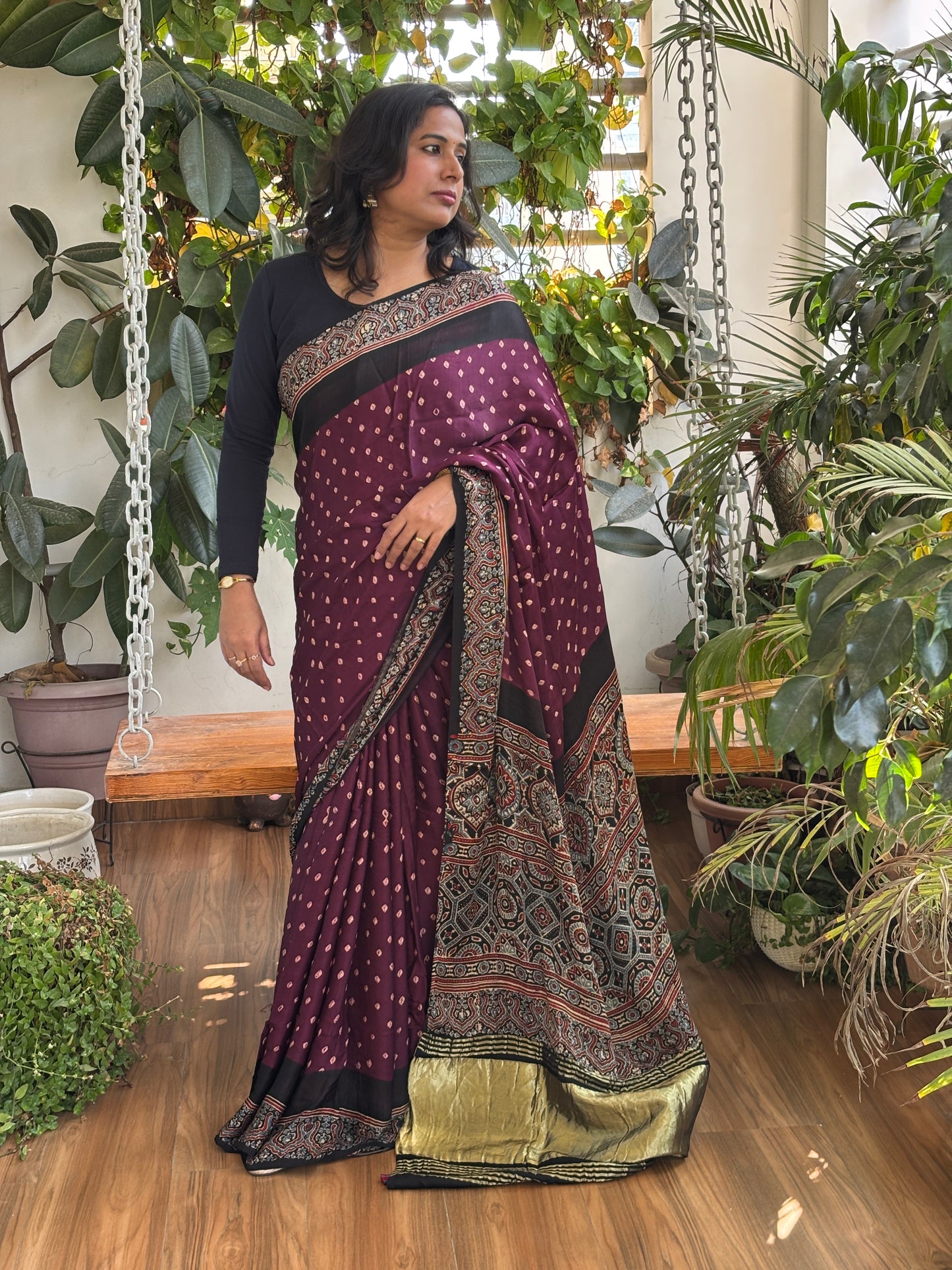 Ankahi - Hand Bandhej Body and Ajrakh Hand Block Anchal and Border Modal Gaji Silk Saree