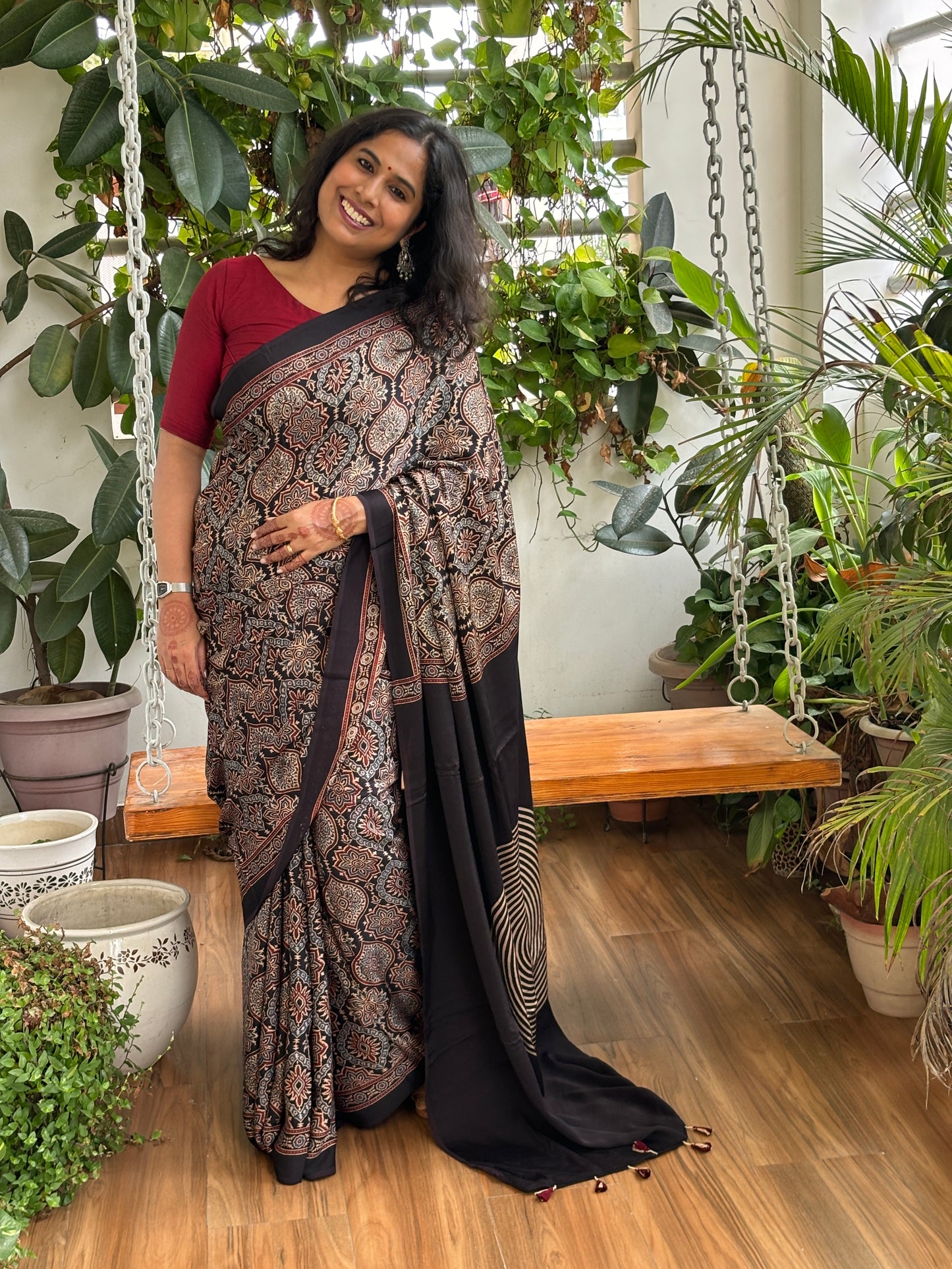 Mausam Ka Jaadu - Natural Dyed Black Colour Ajrakh Traditional Motif Saree with Contemporary Anchal
