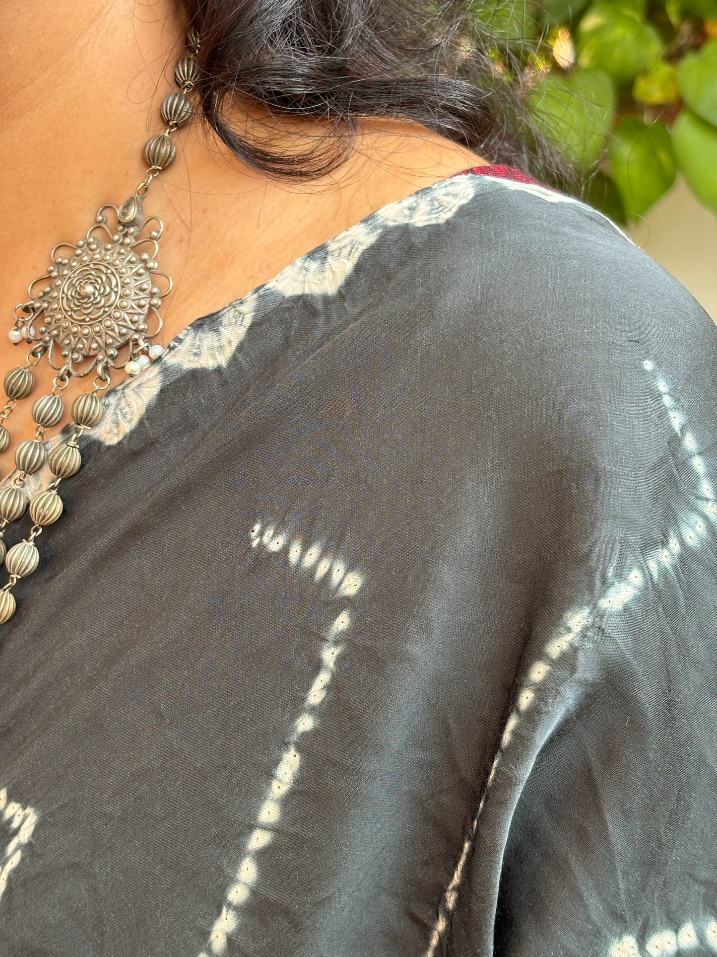 Kala Chasma Jachda - Needle Shibori Tie and Dye Pure Modal Saree With Ajrakh Hand Block Anchal and Blouse