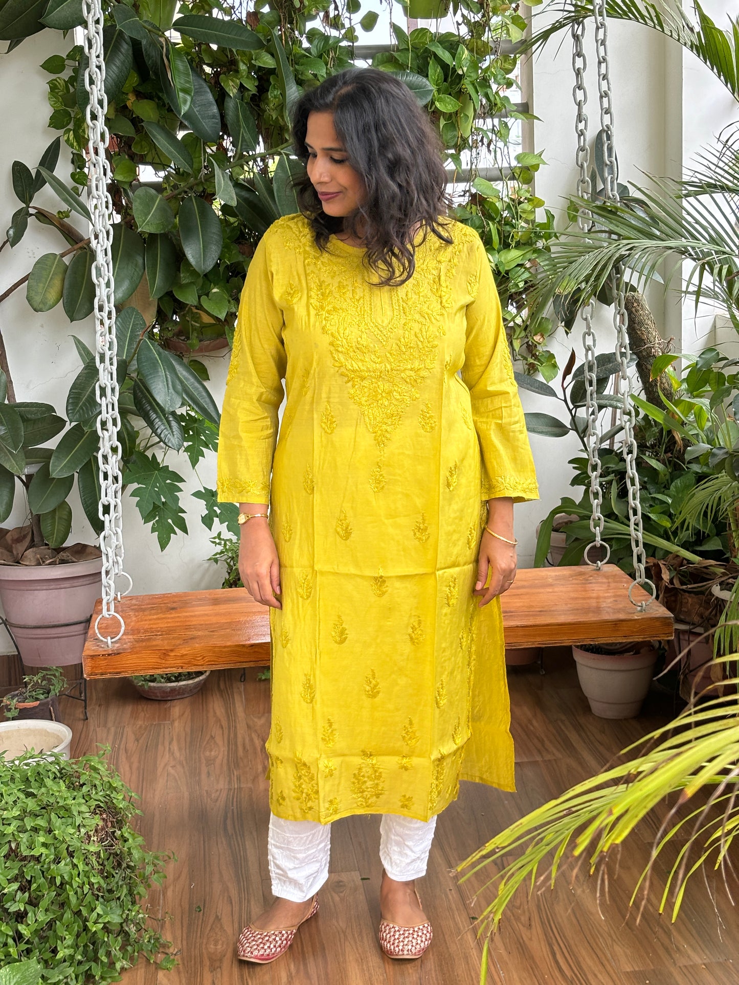 Greenish Yellow Chanderi Chikan Hand Embroidered Kurti