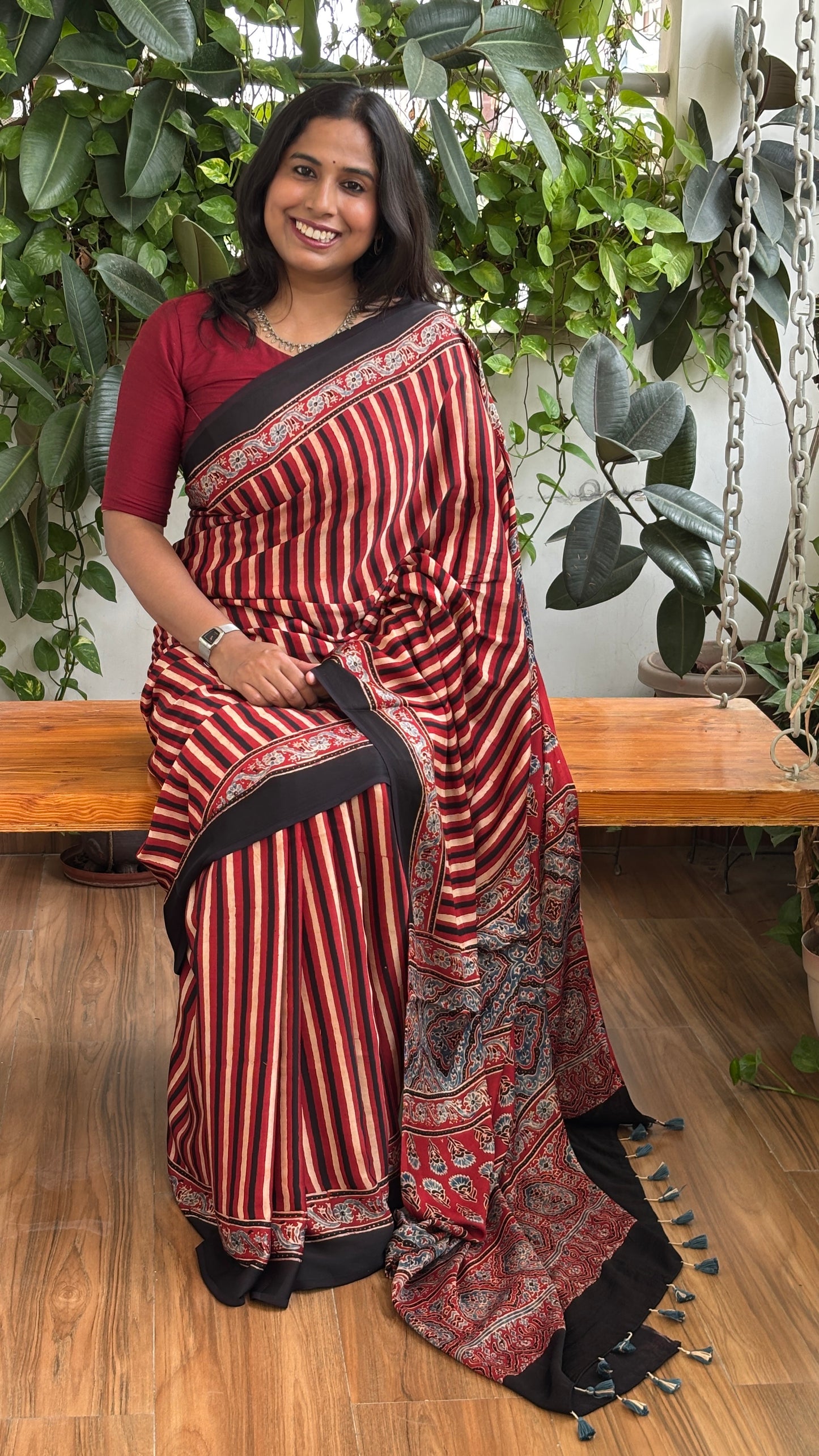 Bright and Beautiful- Natural Dyed Madder Contemporary Ajrakh Modal Saree with Traditional Anchal