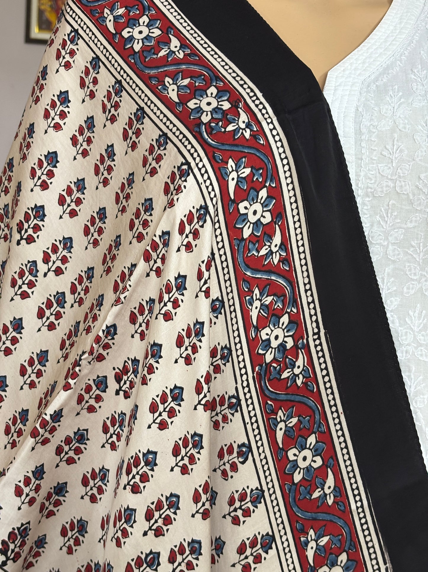 Pale Ivory Colour Natural Dyed Ajrakh Hand Block Printed Floral Modal Stole